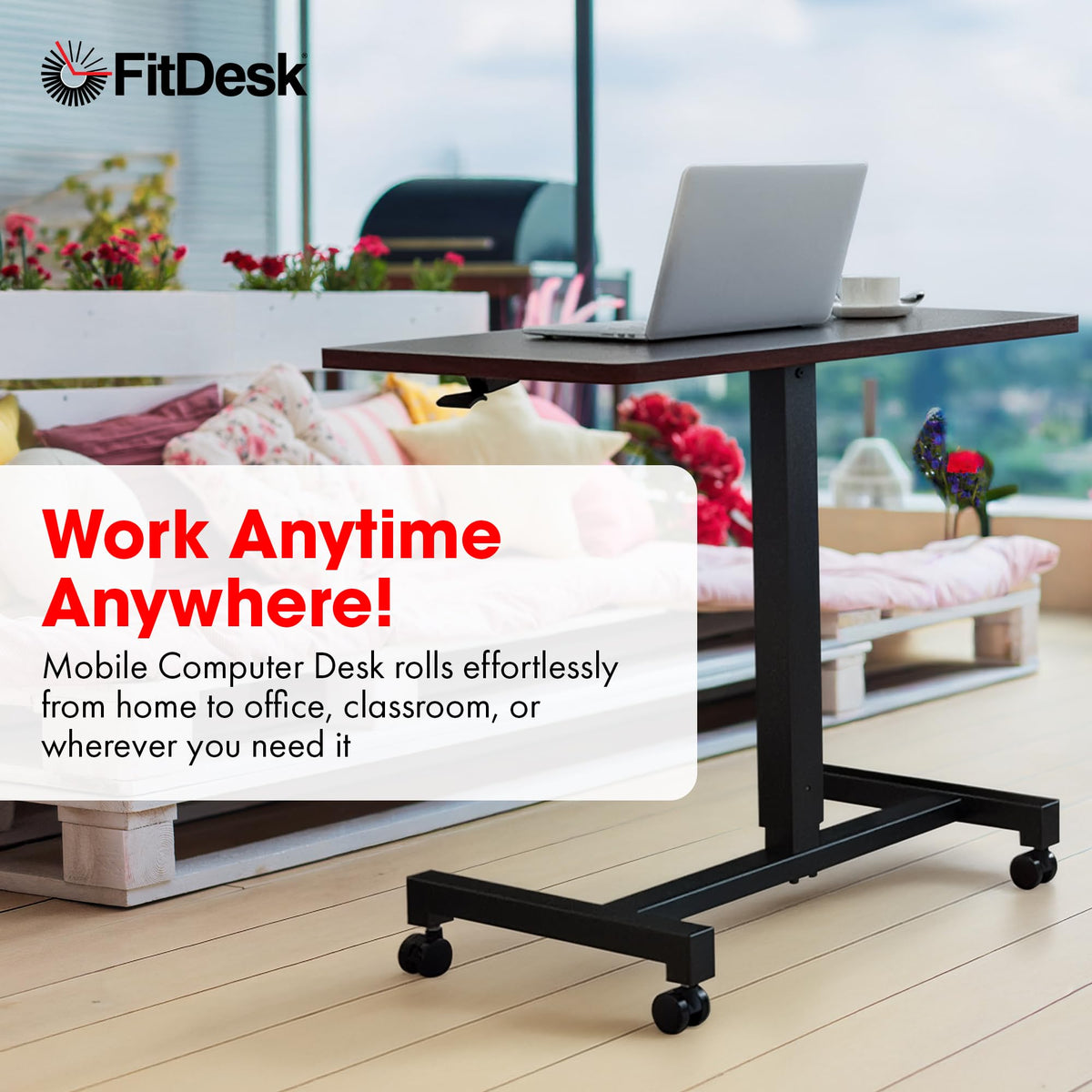 FitDesk Portable Laptop Desk, Rolling Standing Workstation Adjustable Height, Compact Standing Table with Large Surface, Small Stand Desk for Home Office, 30 lb Weight Limit – Walnut, 27" Tabletop