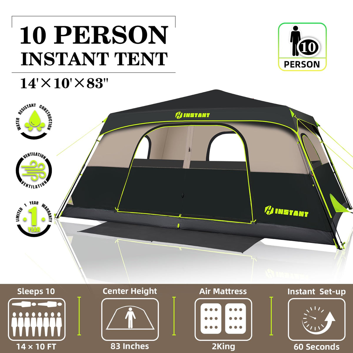 HINSTANT 4/6/8/10 Person Instant Tent, Waterproof Pop Up Tents for Camping with Rainfly, 60 Seconds Easy Setup, Automatic Cabin Tent for Family Camping with Expandable Carry Bag & Upgraded Ventilation