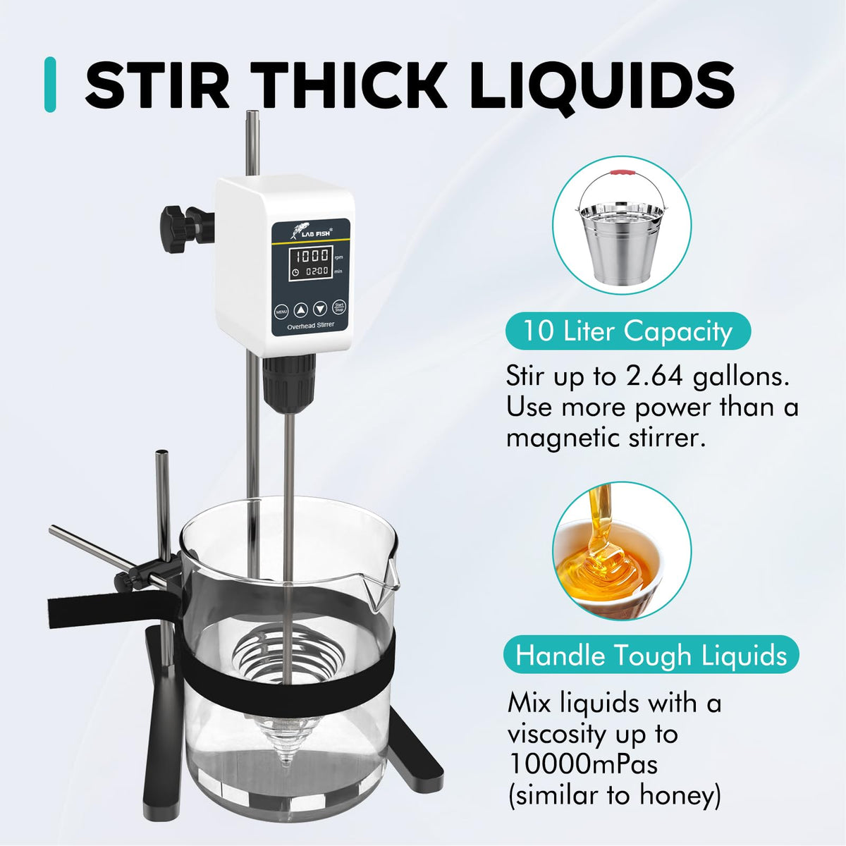 LAB FISH Digital Overhead Stirrer(OS-5S) 10L Capacity 100-1200 RPM Timing 1min-24h Variable Speed Mixer Handles High Viscosity Liquids for Chemical/Reagents/Paints