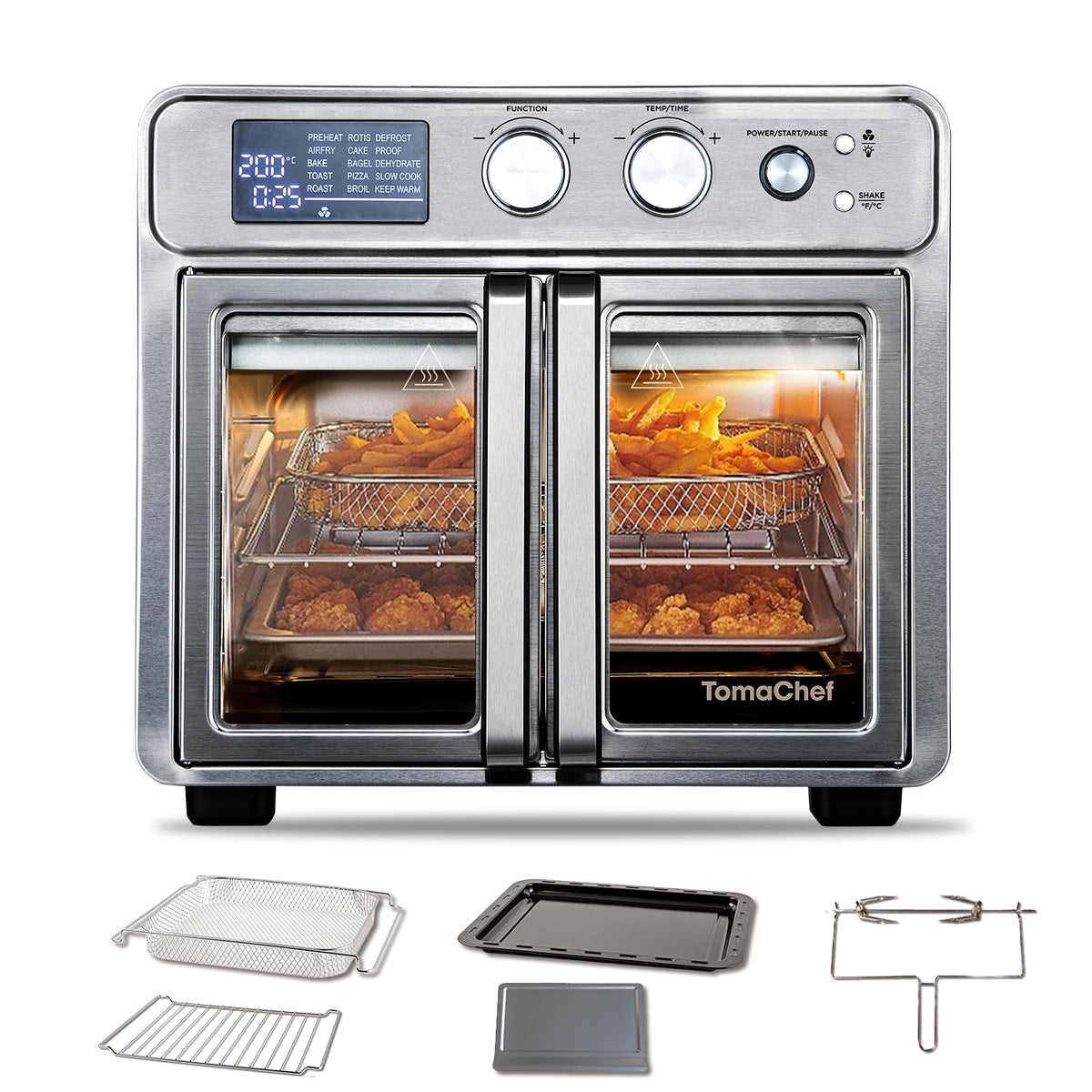 TomaChef 26QT French Door Air Fryer Toaster Oven Combo, 15 Cooking Functions including Rotisserie, and Digital Controls, 30 Recipes & 5 Accessories, Stainless Steel Finish