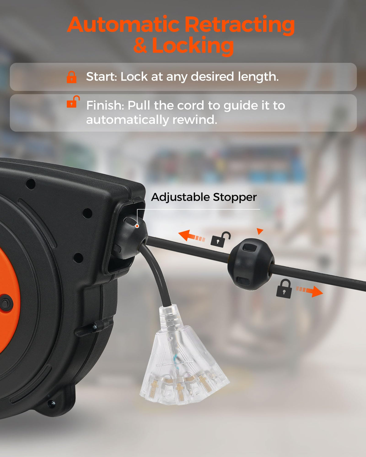 WILAWELS 50 FT 14AWG/3C SJTOW Retractable Extension Cord Reel and 18W 2000LM 25FT LED Work Light Bundle, for Garage, Workshop, Car Repair Scene B50CR06- Y04WL06
