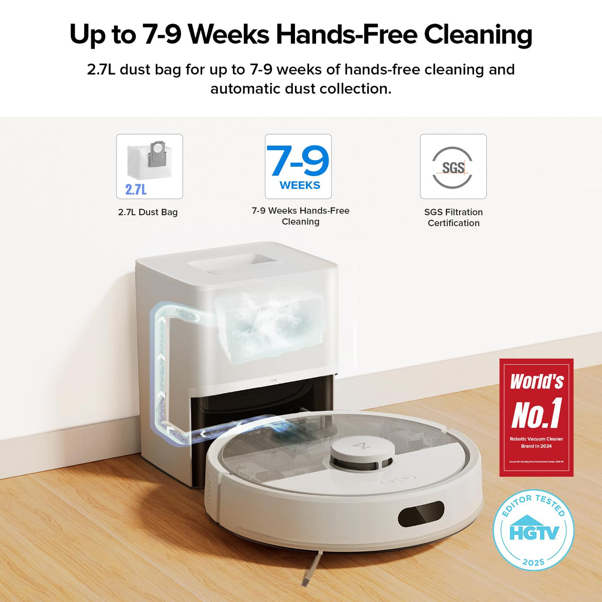 roborock Q7 M5+ Robot Vacuum and Mop, Upgraded from Q5 Max+, Up to 7-9 Weeks Self-Empty, 10000Pa Suction, Dual Anti-Tangle System for Pet Hair & Carpet, PreciSense LiDAR Navigation, App Control, White
