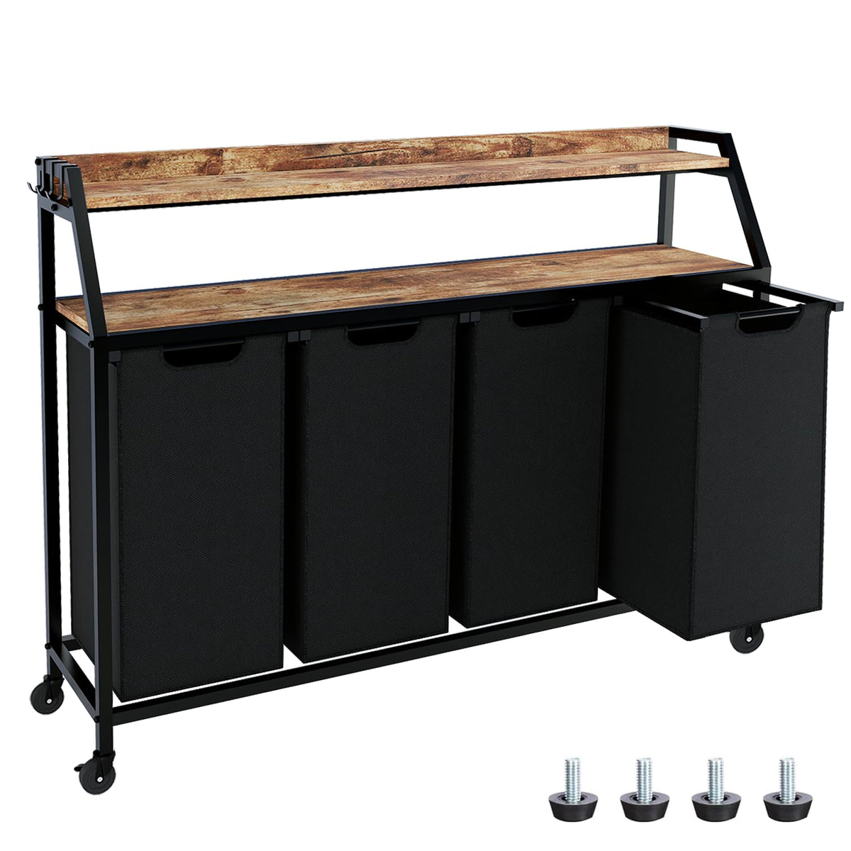 Timberer Laundry Hamper, Laundry Sorter with 4 Section, Rolling Basket with Wheels, 2 Shelves, 4 14.5 Gal, Pull-Out and Removable Oxford Fabric Bags for Laundry Room, Black and Rustic Brown