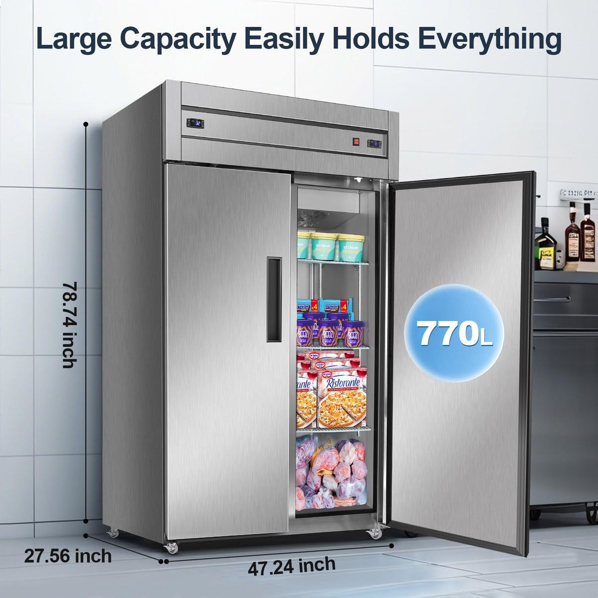Tylza Commercial Refrigerator and Freezer Combo, 48" W Dual Temperature Zones, All Stainless Steel Design, 770L 6 Adjustable Shelves Refrigerator and Freezer Combo for Restuarant, Shop, Garage, etc