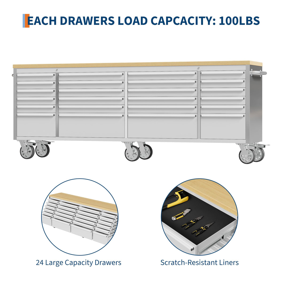 GarveeTech 96 inch Tool Chest, Tool Box Mobile 24 Drawers Storage Rolling Cabinet with Wheels Lock Key Locking System Drawer Liners for Garage Warehouse Repair Shop