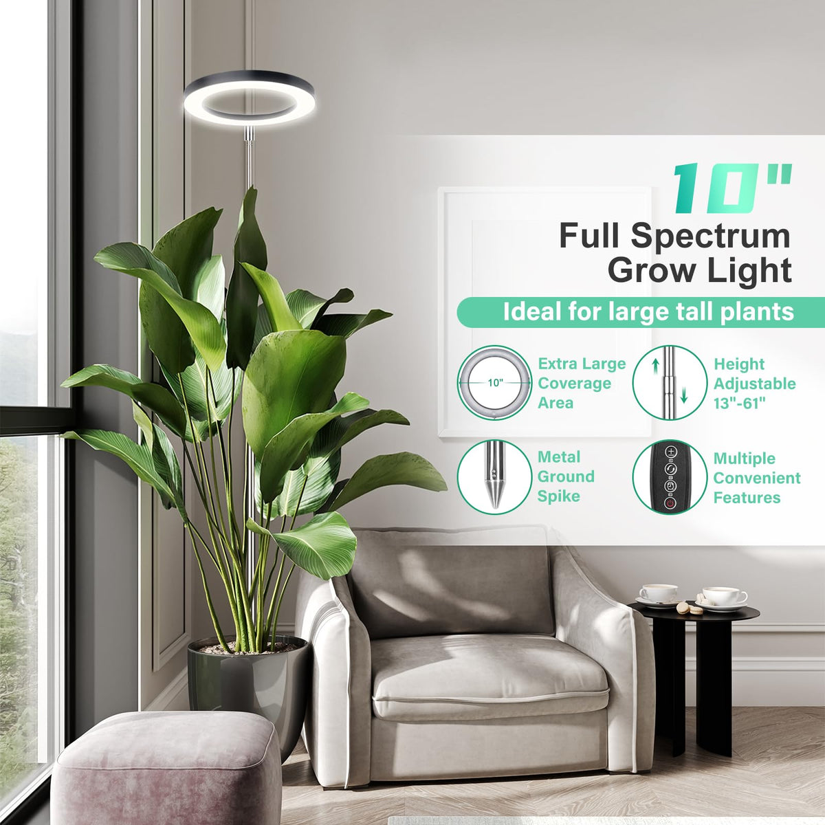 LORDEM 10" Full Spectrum Grow Light, 160 LEDs Plant Lamp for Indoor Plants, Grow Lamp with 4/8/12H Auto Timer, 6 Dimmable Levels, 3 Spectrum Modes, 65" Height Adjustable, Ideal for Large Tall Plants