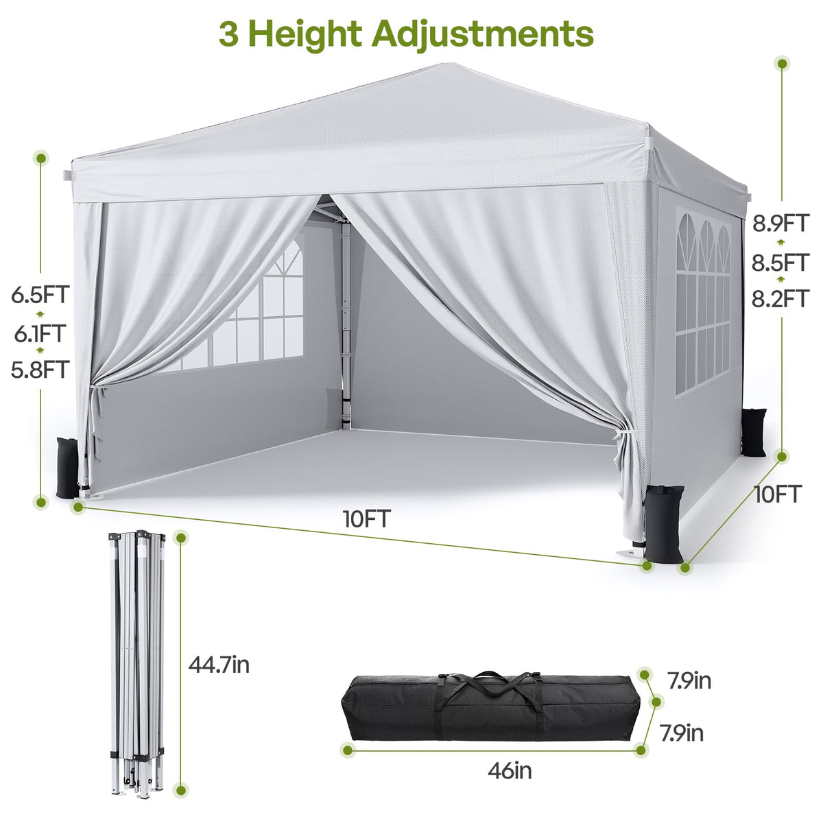 Vinabilia 10x10 Pop Up Canopy with Sidewalls, Instant Portable Canopy Tent with Carry Bag for Commercial Events, Camping, Parties - White