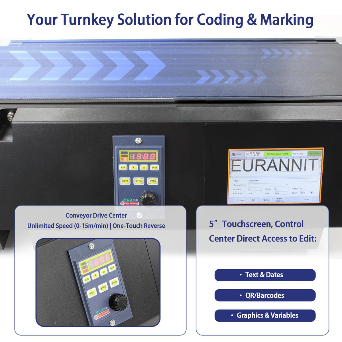 Eurannit XC20E Industrial Inkjet Printer System with Conveyor Belt and Ink Cartridge (0.5 inch Black), TIJ Inkjet Coding Machine 12.7mm Print Height for Small Packaging & Micro Production Lines