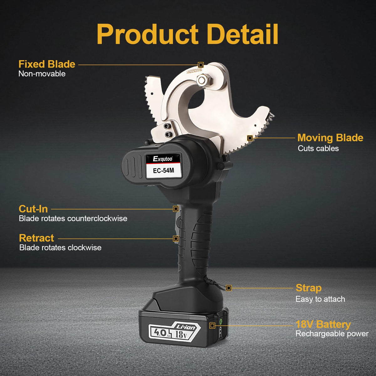 Exqutoo Cable Cutting Tool Kit, 18VDC 54mm Cordless ACSR Cable Cutter, Ratcheting Cable Cutter, 2 4Ah Lithium-Ion Batteries & Battery Charger Included