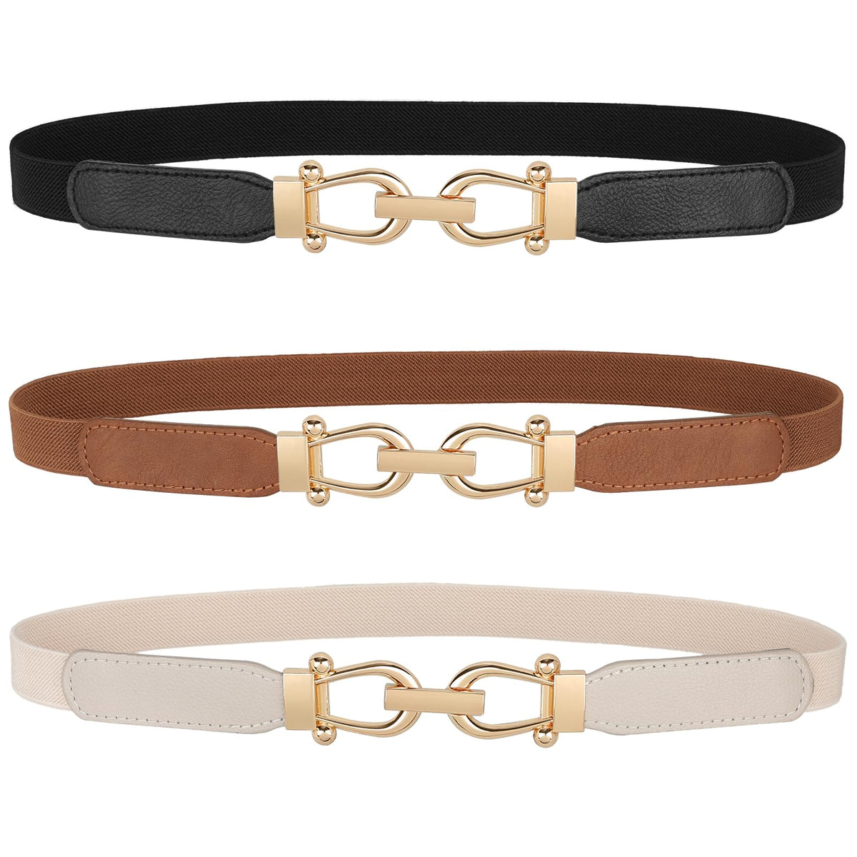 JASGOOD Women Skinny Elastic Stretch Belts for Dresses Retro Ladies Waist Gold Buckle Thin Belts 3 Pack, Brown+Black+Beige