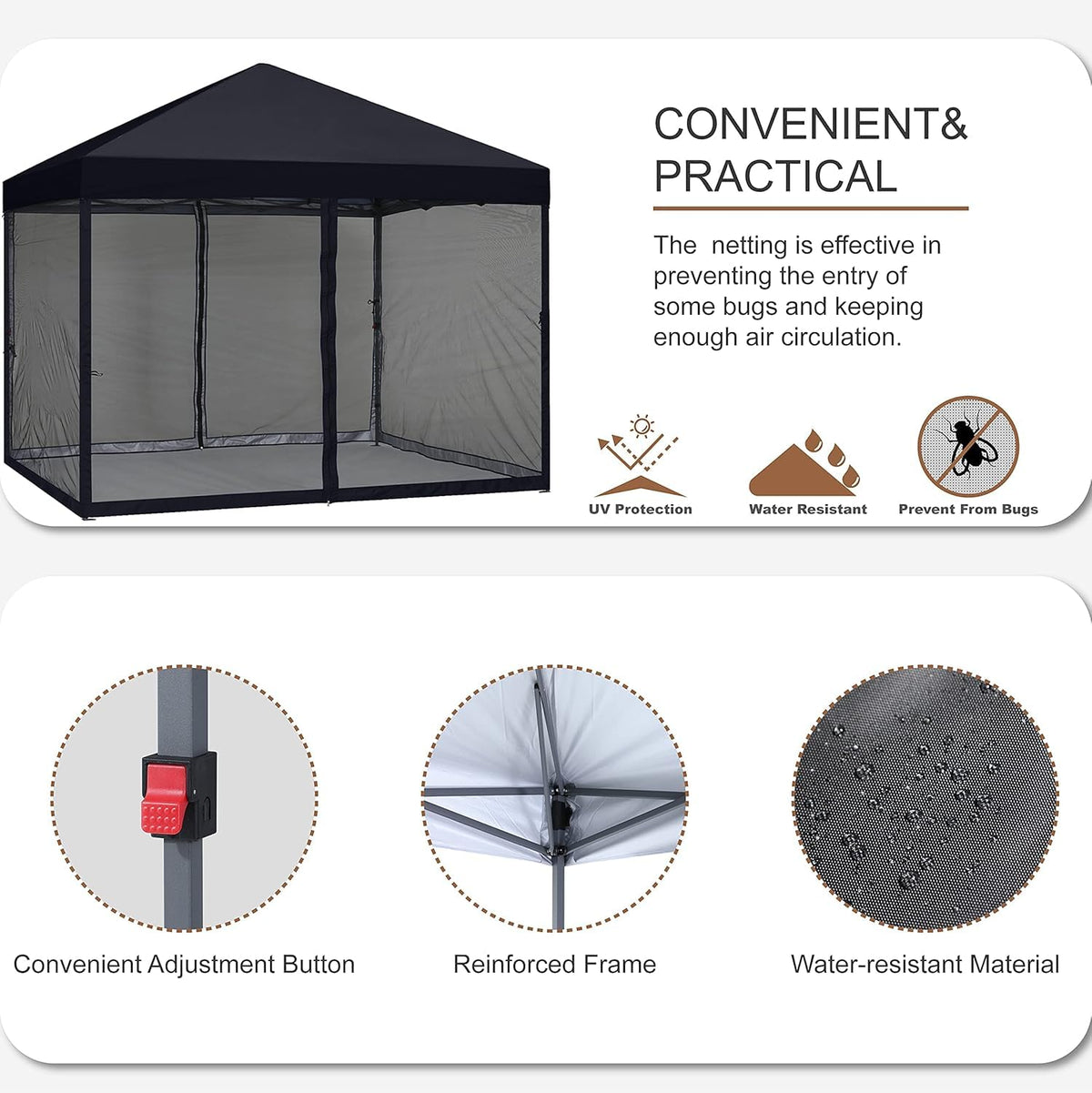 MASTERCANOPY Pop-Up Setup Outdoor Canopy with Netting Screen Walls, 10x10, Black