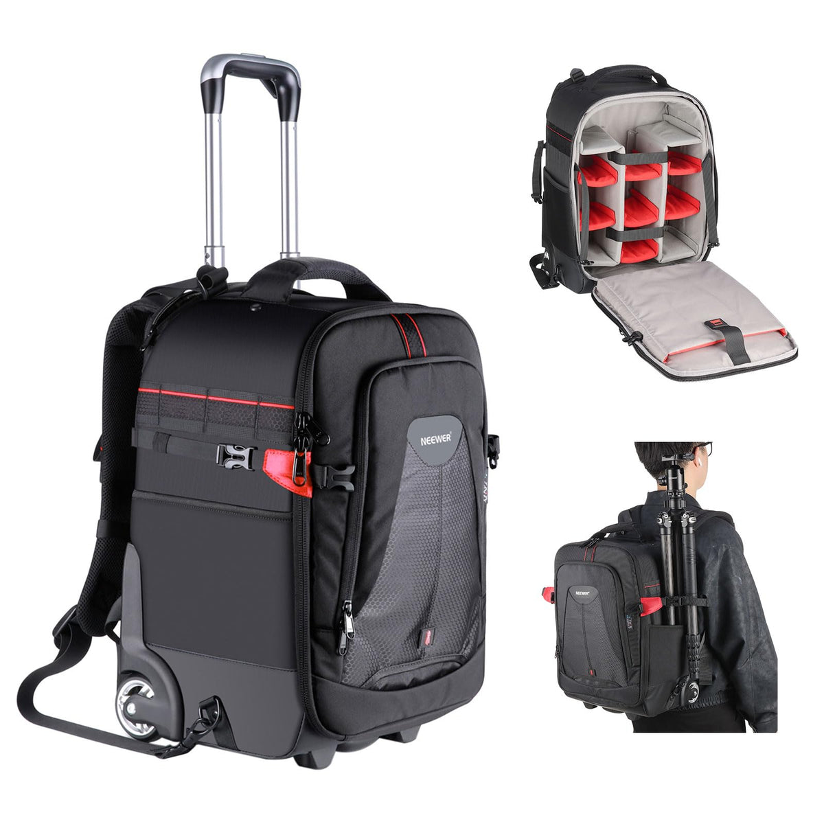 Neewer 2-in-1 Rolling Camera Backpack Trolley Case - Anti-Shock Detachable Padded Compartment, Hidden Pull Bar, Durable, Waterproof for Camera,Tripod,Flash Light,Lens,Laptop for Air Travelling(Black)