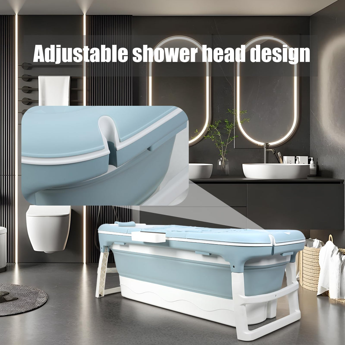 Portable Bathtub for Adults,Large 50 inch Collapsible Bathtub with Lid,Reusable Freestanding Foldable Tub,Collapsible Hot Ice Soaking Bath Tub for Small Space (50inch Blue)