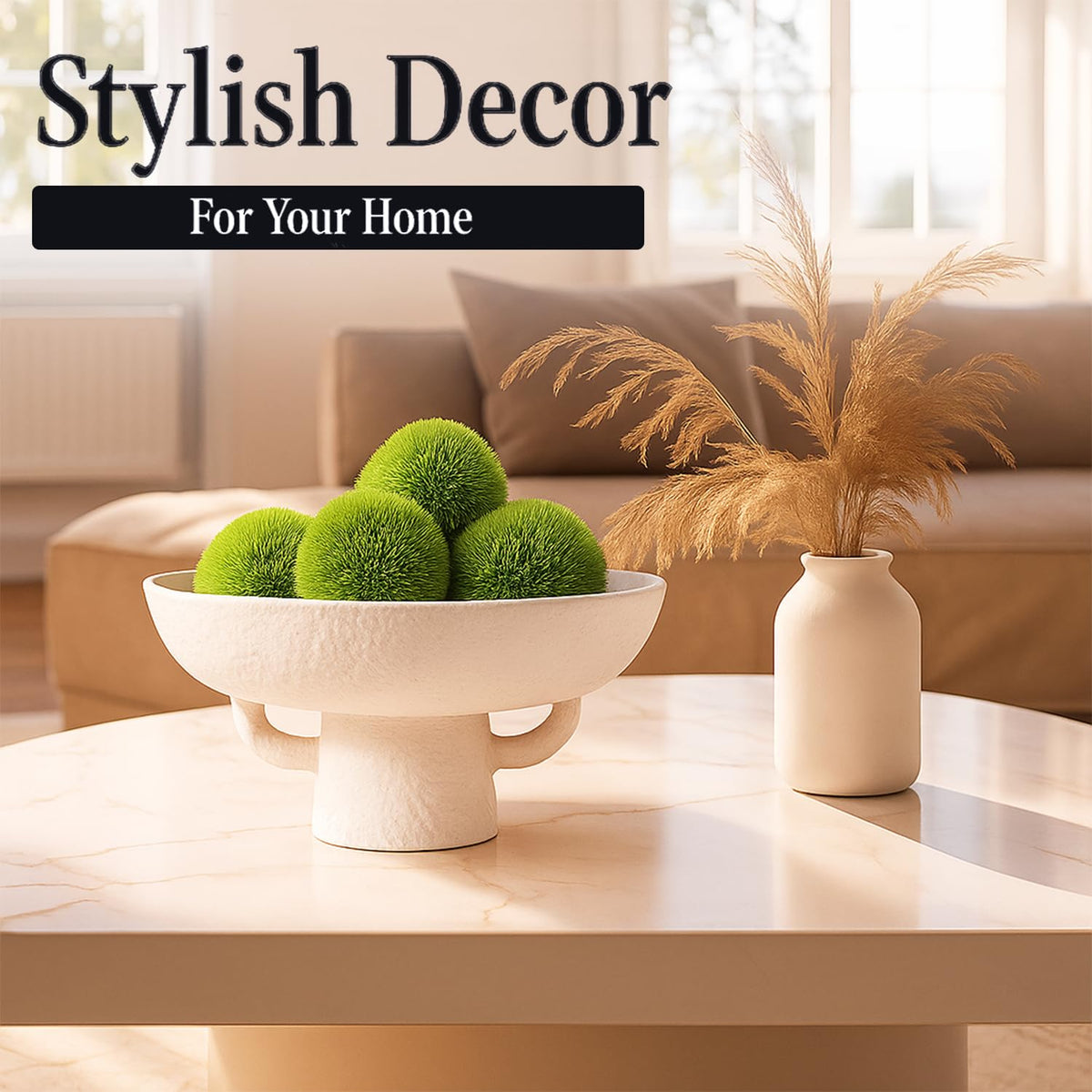 Luxurious White Textured Ceramic Bowl and Greenery Set,12.5x10.5 Inch Pedestal Decorative Bowl, with 6 Green Succulent Moss Balls, Counter Top, Farmhouse Table Centerpiece, Living Room, Kitchen Decor