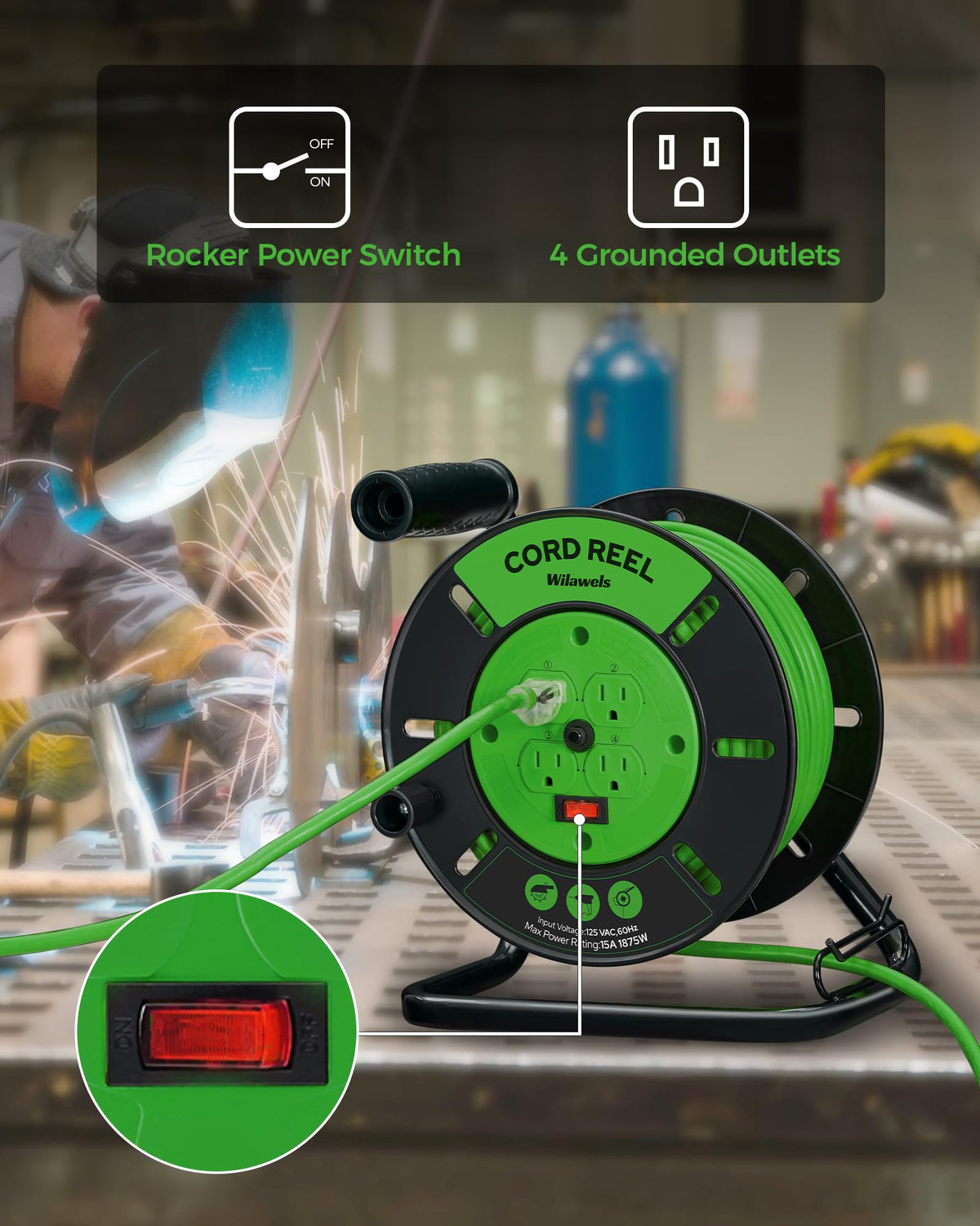 WILAWELS Extension Cord Storage Reel with 4-Grounded Outlets and 80 FT Retractable Extension Cord Reel Bundle, for Indoor Outdoor Use J95CR06-U80ACR06