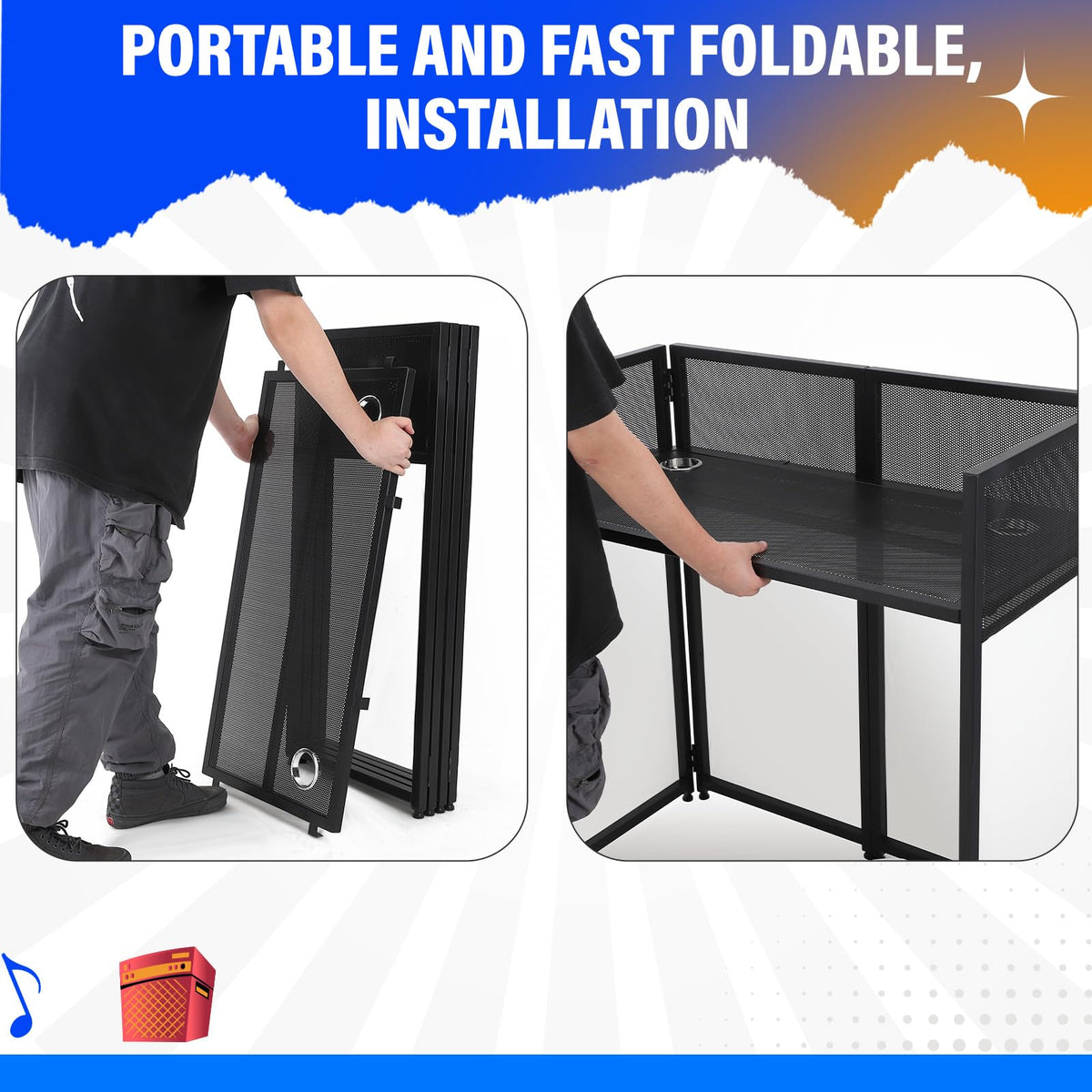 Portable DJ Facade Booth,52"L X 26"W DJ Facade with White & Black Scrim,Foldable DJ Table Station with Adjustable Feet for Party, Black Metal Frame