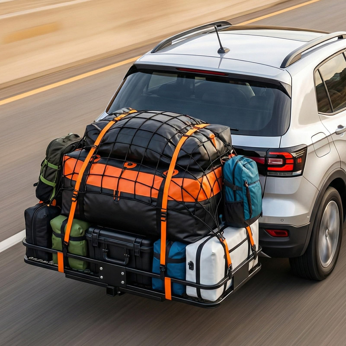 KMFurnila Folding Hitch Mount Cargo Carrier, 60.1" x 20" x 6" Steel Rack with 500 lbs Capacity, Includes Waterproof Bag, Combination Lock, Cargo Net, Straps and Hitch Stabilizer