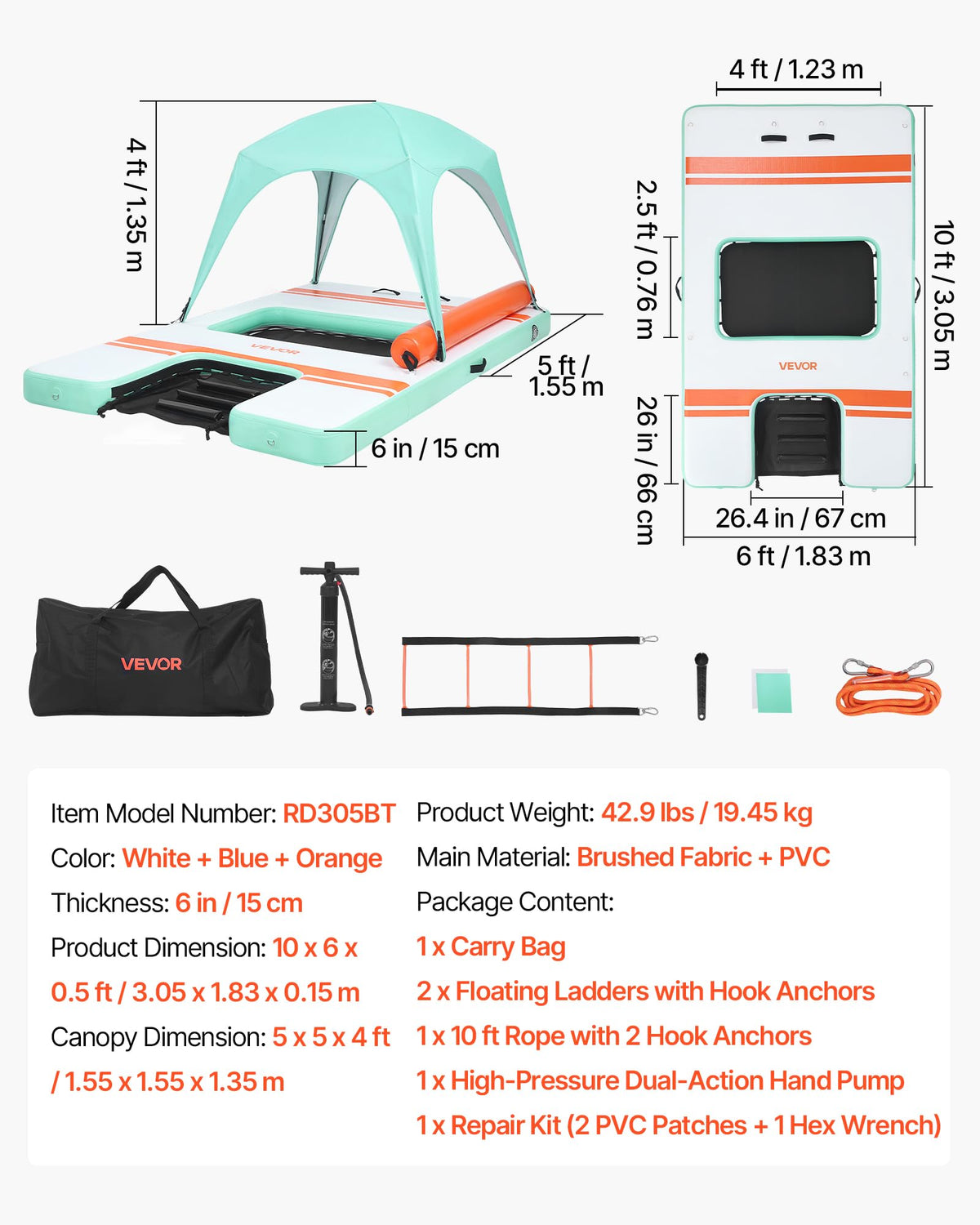 VEVOR Inflatable Floating Dock, 10 x 6 FT Inflatable Dock Platform, Non-Slip Water Air Mat with Portable Carrying Bag and Detachable Ladder, Floating Water Platform Island Raft for Pool Beach Ocean
