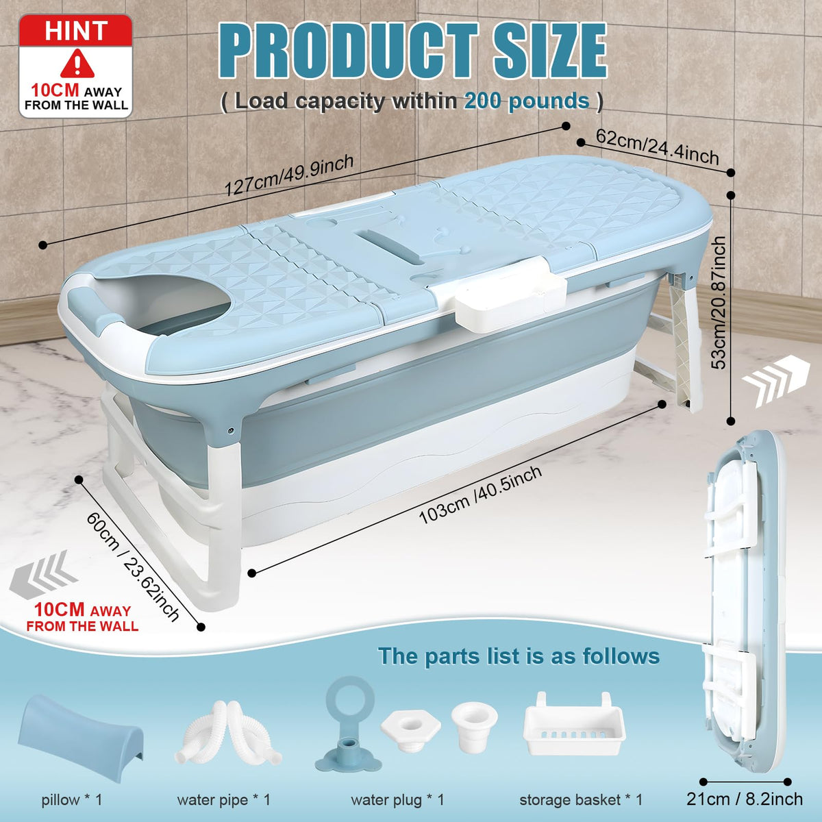 Fukursul 50" Large Folding Bathtub for Adults – Portable PP Tub with Back Cushion, Storage Basket & Thermal Cover, for Hot Bath or Ice Plunge (Blue-5, 50in)