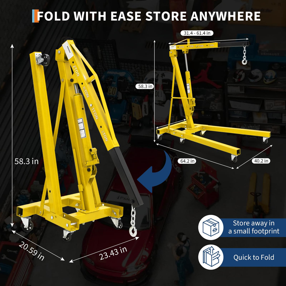 MilleLoom 2T Heavy Duty Folding Engine Hoist with 59" Load Leveler - 4400 Lbs Hydraulic Cherry Picker, 6 Swivel Wheels & 1100 Lbs Engine Support Bar for Garage Workshop Warehouse