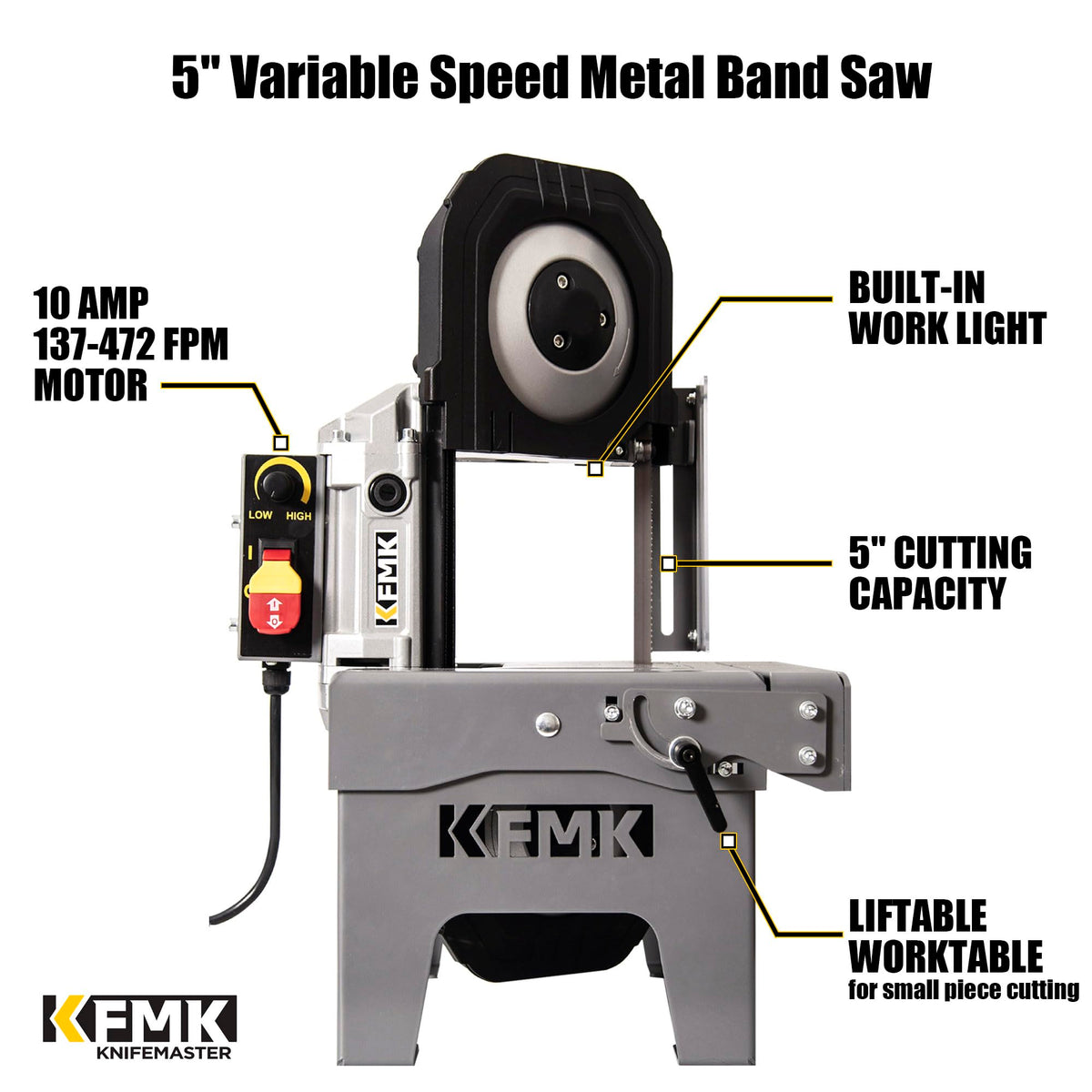 KFMK 10A Variable Speed Metal Band Saw with Large Workbench, 5" Cutting Capacity, Adjustable Speed 137-472 FPM, BandSaw Perfect for Metalworking, Knife Cutting