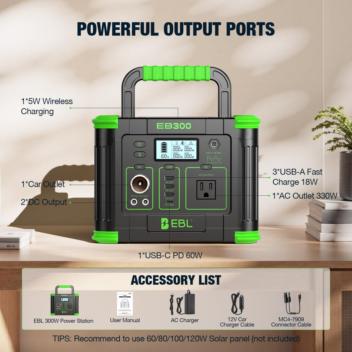 EBL Portable Power Station 288.6Wh 330W Solar Generator Pure Sine Wave AC Output (600W Peak) with 5W Wireless Charger, SOS LED Light & Multi-Port Design for Camping Home Emergency RV CPAP