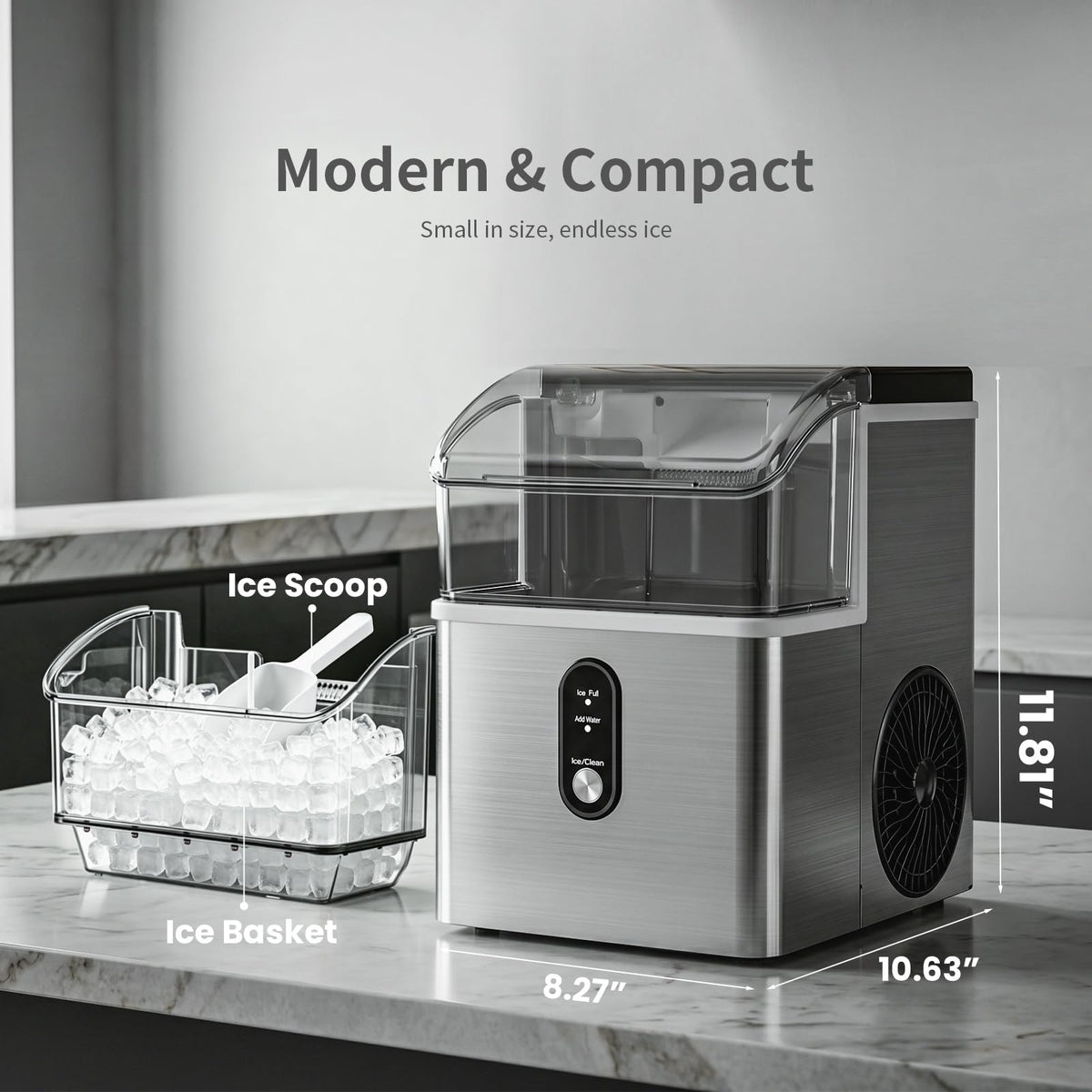 Kismile Nugget Ice Maker Countertop,33Lbs/24H Ice Machine with Chewable Ice,Self-Cleaning Portable Ice Maker with One-Click Operation,for Home/Kitchen/Office(Silver)
