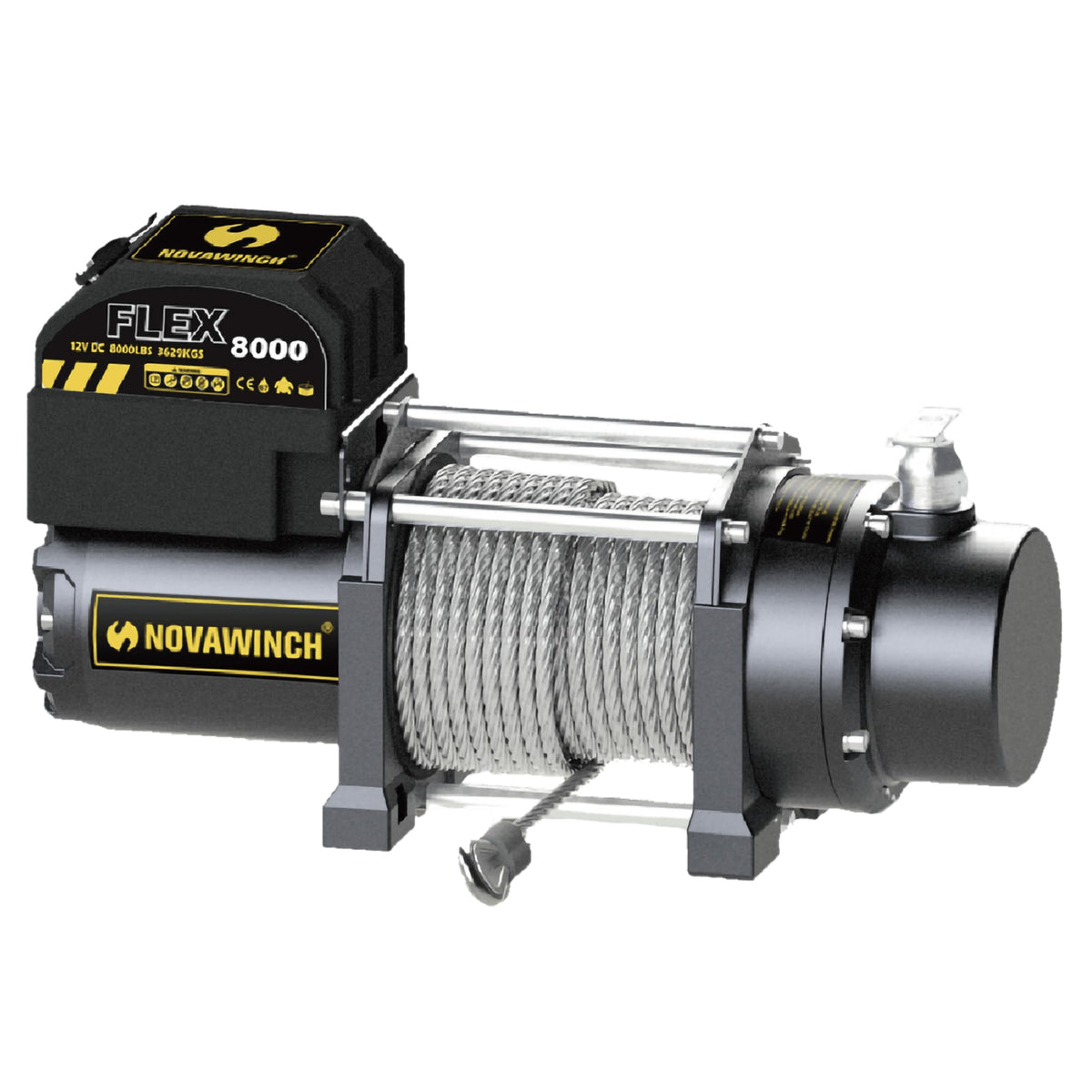 Novawinch Flex 8000 lb Utility Trailer Winch 12V Electric - IP68 Sealed Planetary Gearbox, 55.7 ft Wire Rope, Auto Load-Holding Brake, Waterproof Remote - Flatbed, Shop, Equipment, Car Hauler, SAE