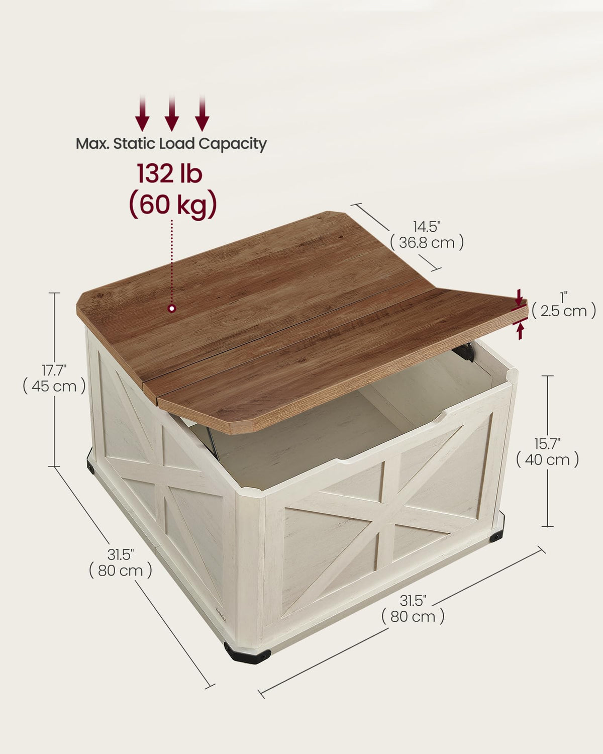 VASAGLE LIRY Collection - Farmhouse Coffee Table with Storage, Square Center Coffee Table for Living Room, with Hidden Compartment, Flip-Top Lids, Honey Brown and Rustic White ULCT232W73
