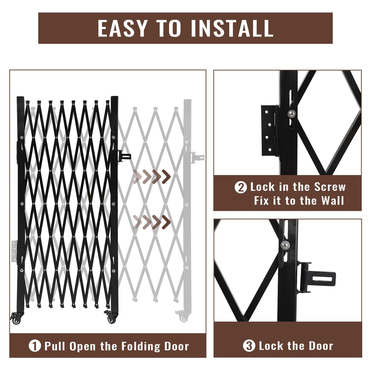 ExploreHorizon 61" H x 71" W Single Folding Security Gate, Portable Expandable Fence Gate with Casters, Flexible Steel Accordion Security Gate Barricade Gate for Backyard Garden
