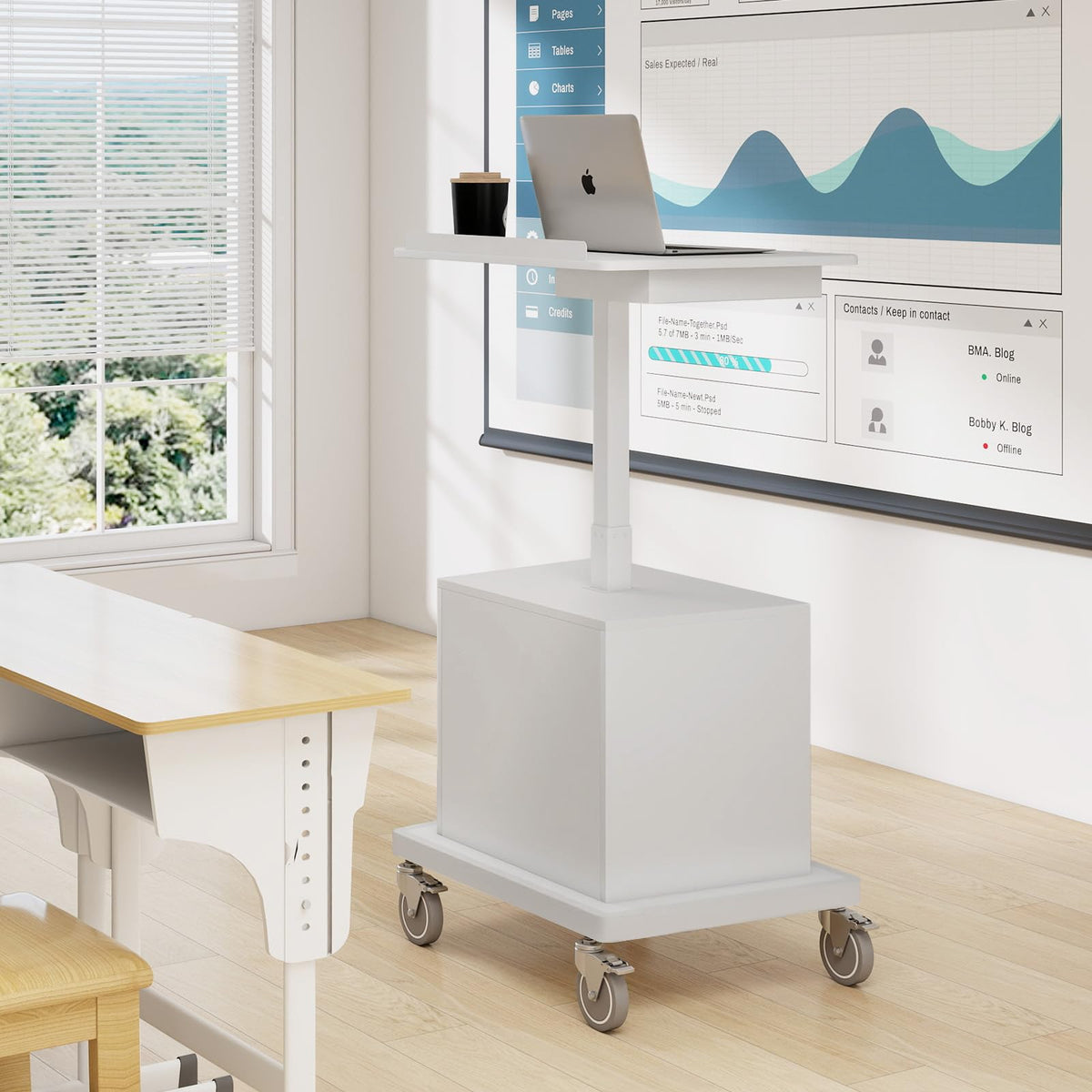 Natwind Mobile Workstation, Rolling Laptop Cart with Large Surface & Pneumatic Height Adjustable Design, for Medical Hospital Clinics, Office Presentation, Teachers Podium, with Drawer & Open Cabinet