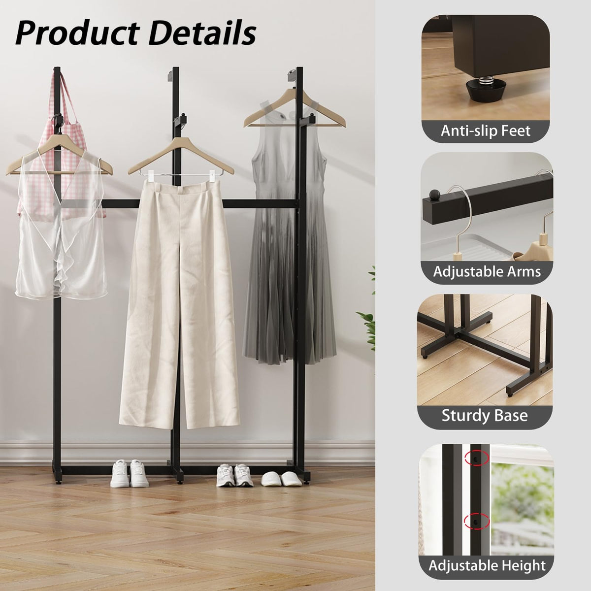WTPLWD Black Clothes Rack with 6 Straight Arms, Metal Clothing Rack for Hanging Clothes, Freestanding Garment Rack Heavy Duty, 46" to 63" Adjustable Height Retail Clothing Rack for Boutiques Display