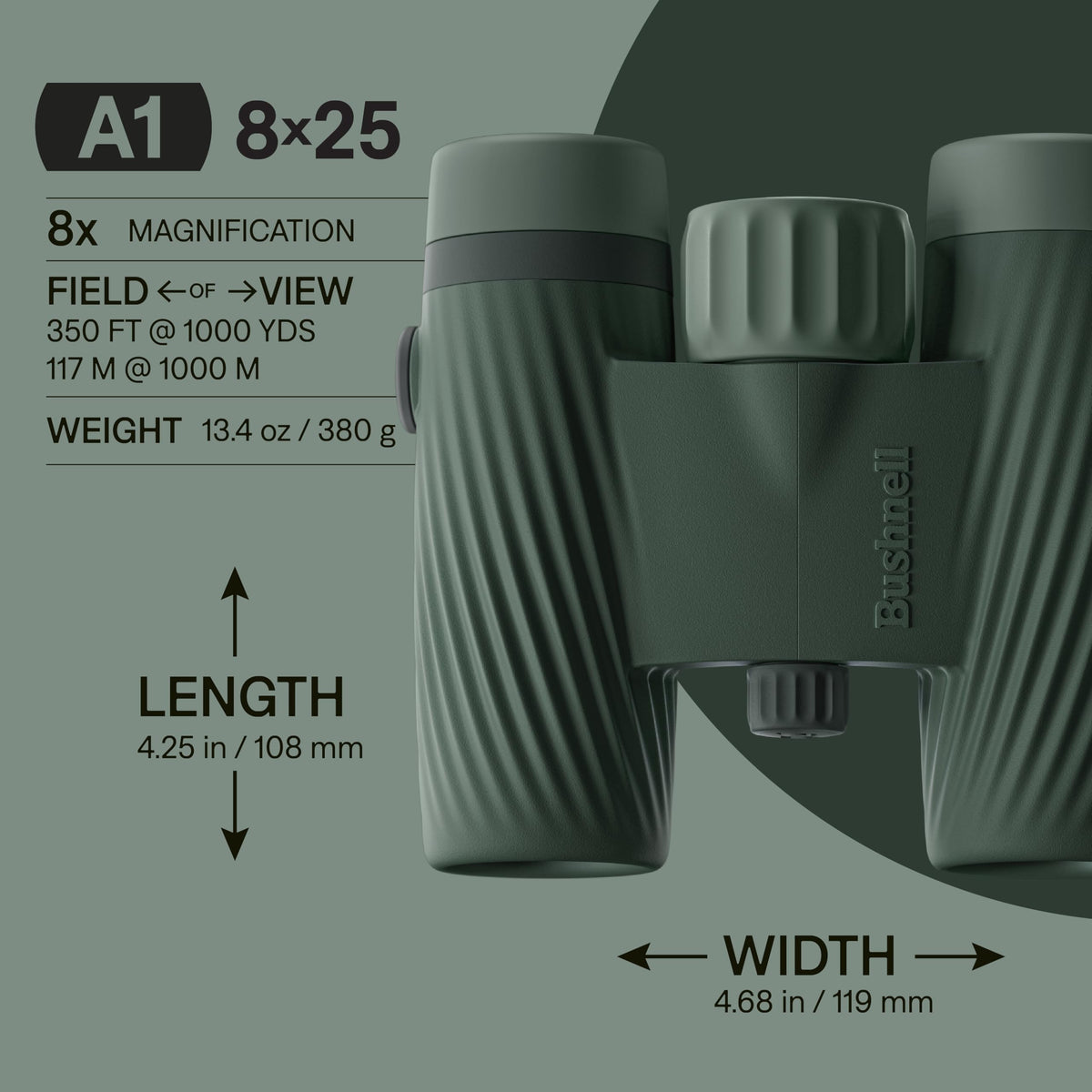 Bushnell A1 8x25 Compact Binoculars for Adults & Kids, Waterproof, Fogproof, 8X Magnification, Fully Multi-Coated Lenses & Rubber Armor - Cilantro Green
