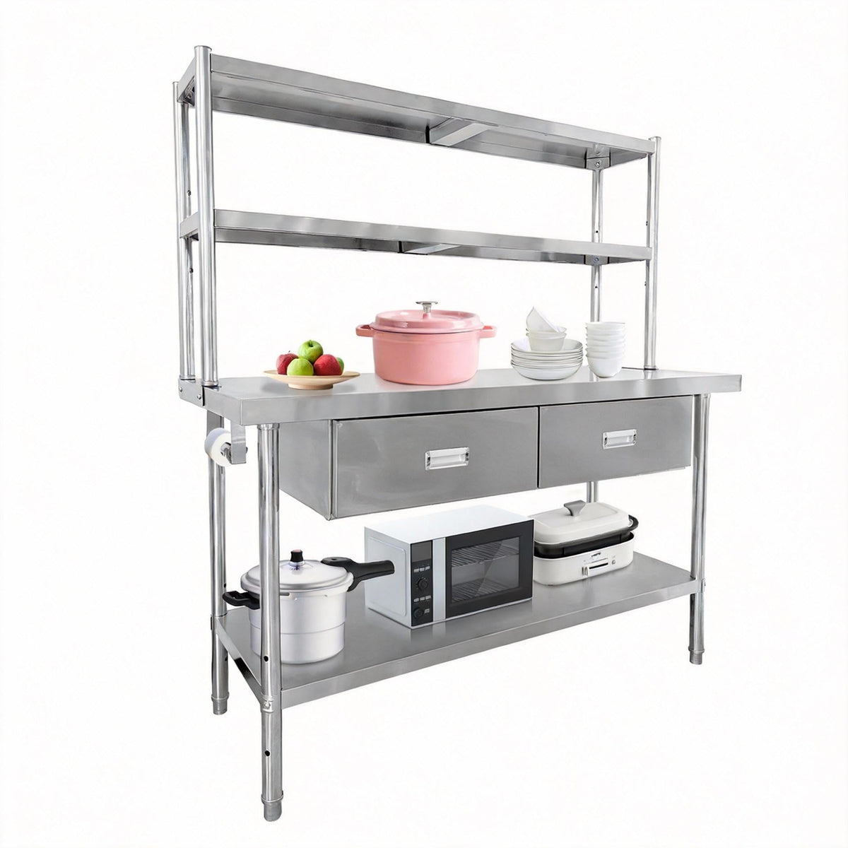 Garvee Stainless Steel Table with Shelves and Drawers, 48" X 24" Commercial Work Tables with 2-Tier Overshelves, Metal Kitchen Prep Table for Home Restaurant Garage, Commercial Workbench