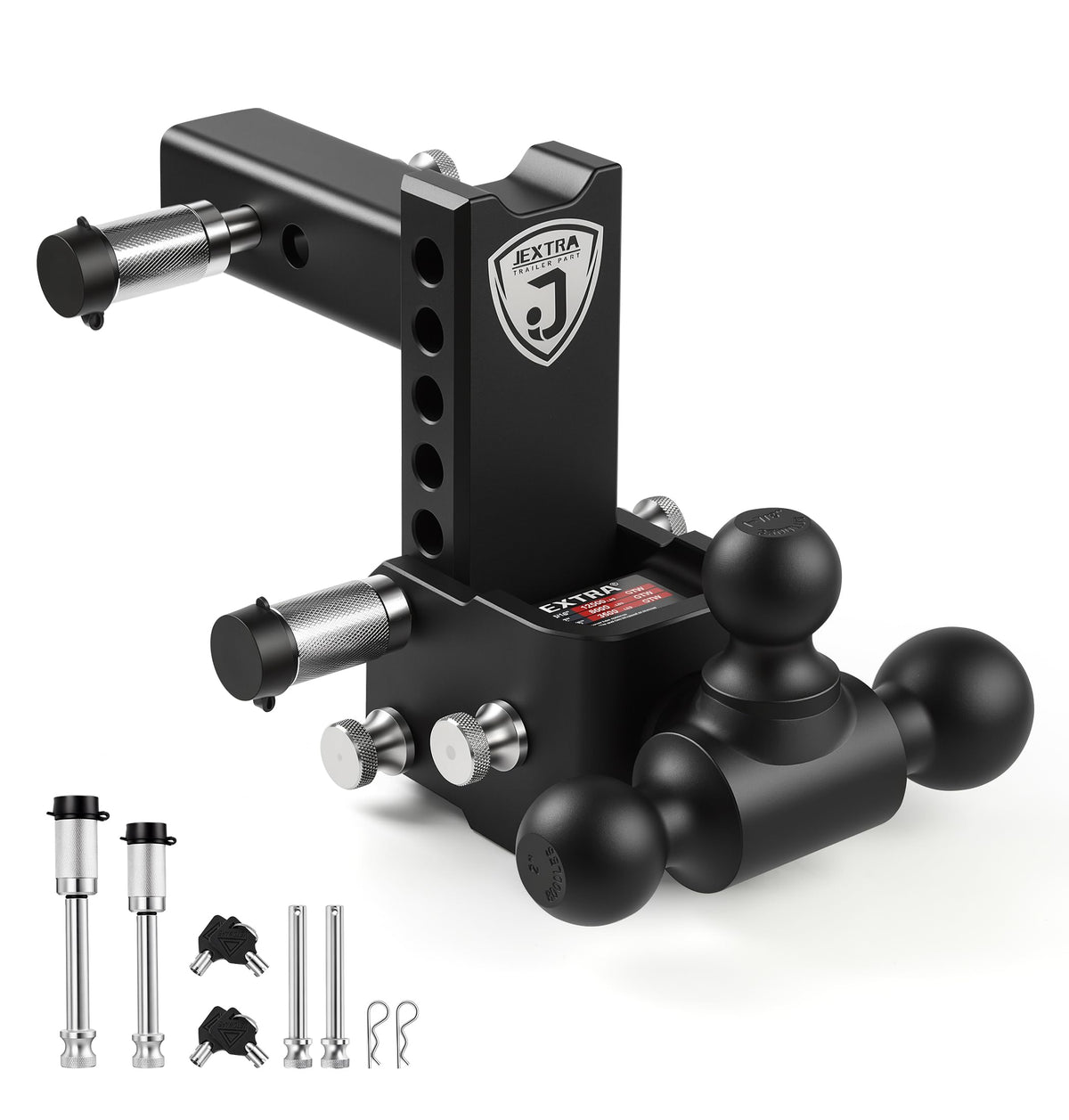 JEXTRA Adjustable Trailer Hitch Ball Mount, fits 2-1/2" Receiver Hitch, 5" Rise & Drop Hitch Tri-Ball (1-7/8" x 2" x 2-5/16"),12,500 LBS GTW Trailer Hitch with Double Anti-Theft Locking Pins Black