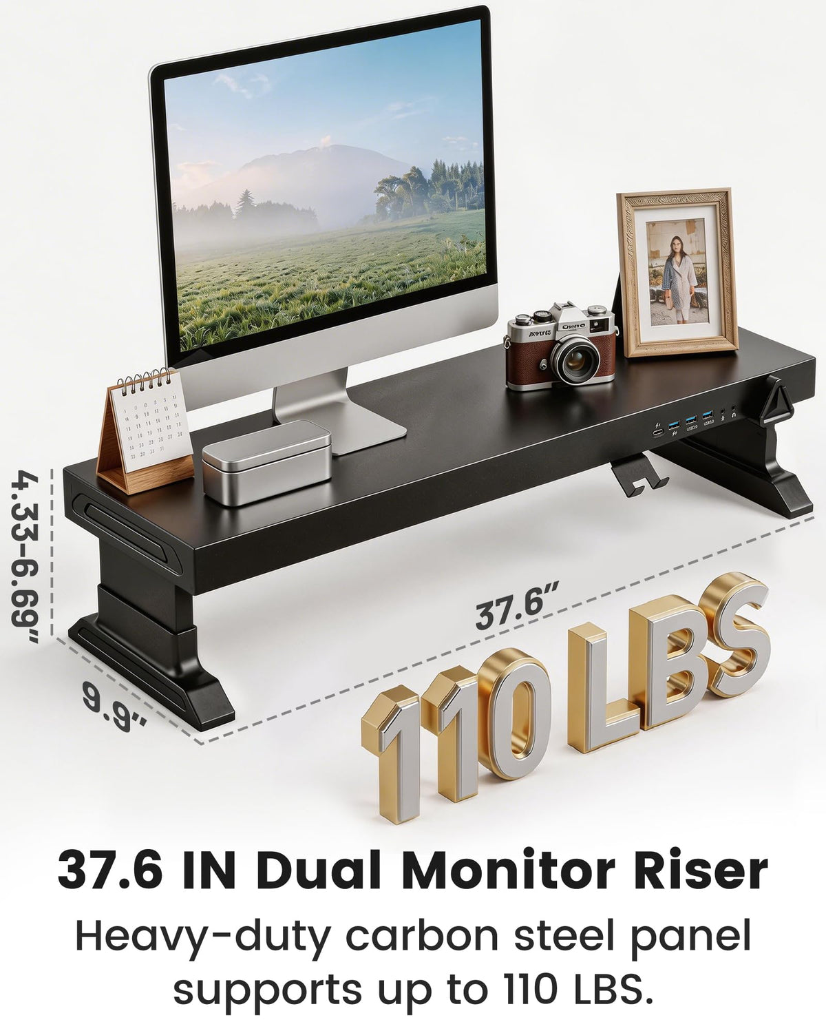Furnny Height Adjustable Monitor Riser with 6-Port Hub – 37.6" Extra Wide Desk Stand for Dual Monitors, Continuous Height Adjustment 4.33–6.69" via Knob, USB-C Fast Charging, Carbon Steel Black