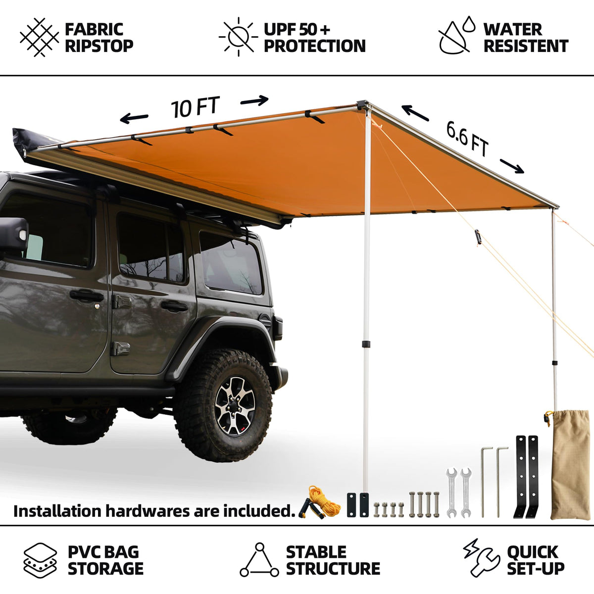 SAMOUT Vehicle Awning, 6.6ft x 10ft, Rooftop Pullout Ripstop UPF50+ Side Awning, Reinforced Hinges & Poles for Jeep/SUV/Truck/Van