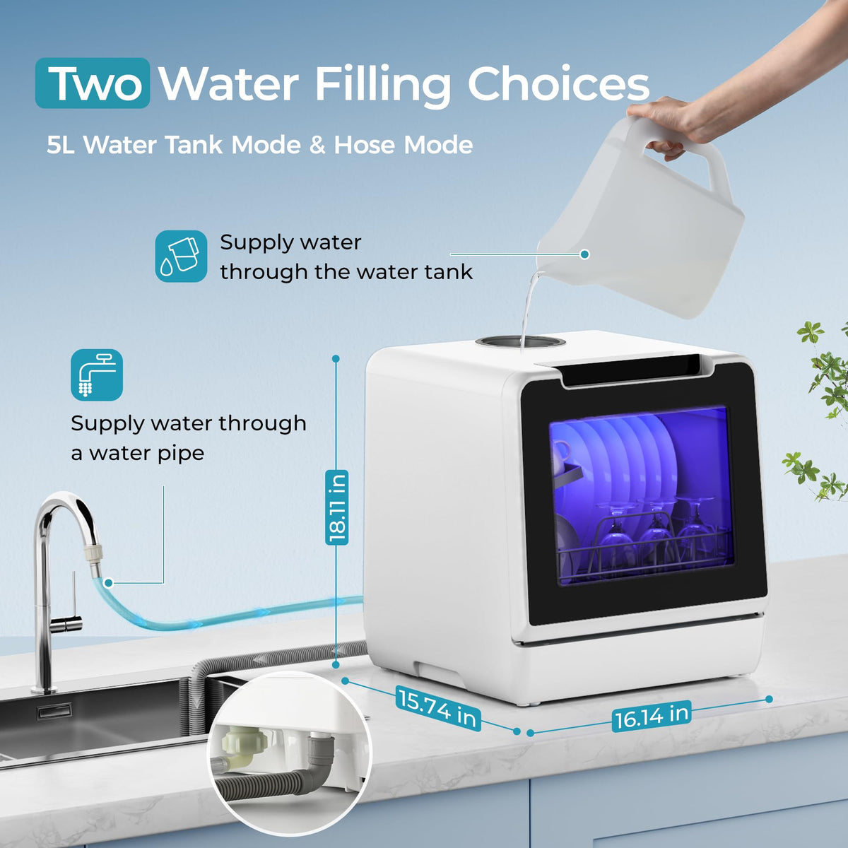 EUHOMY Countertop Dishwasher Portable, 8 Programs Mini Dishwasher with 5L Built-in Water Tank and Inlet hose, No Hookup Needed, Dish Washer with Self Clean/Baby Care/Air Dry, for Apartments & RVs