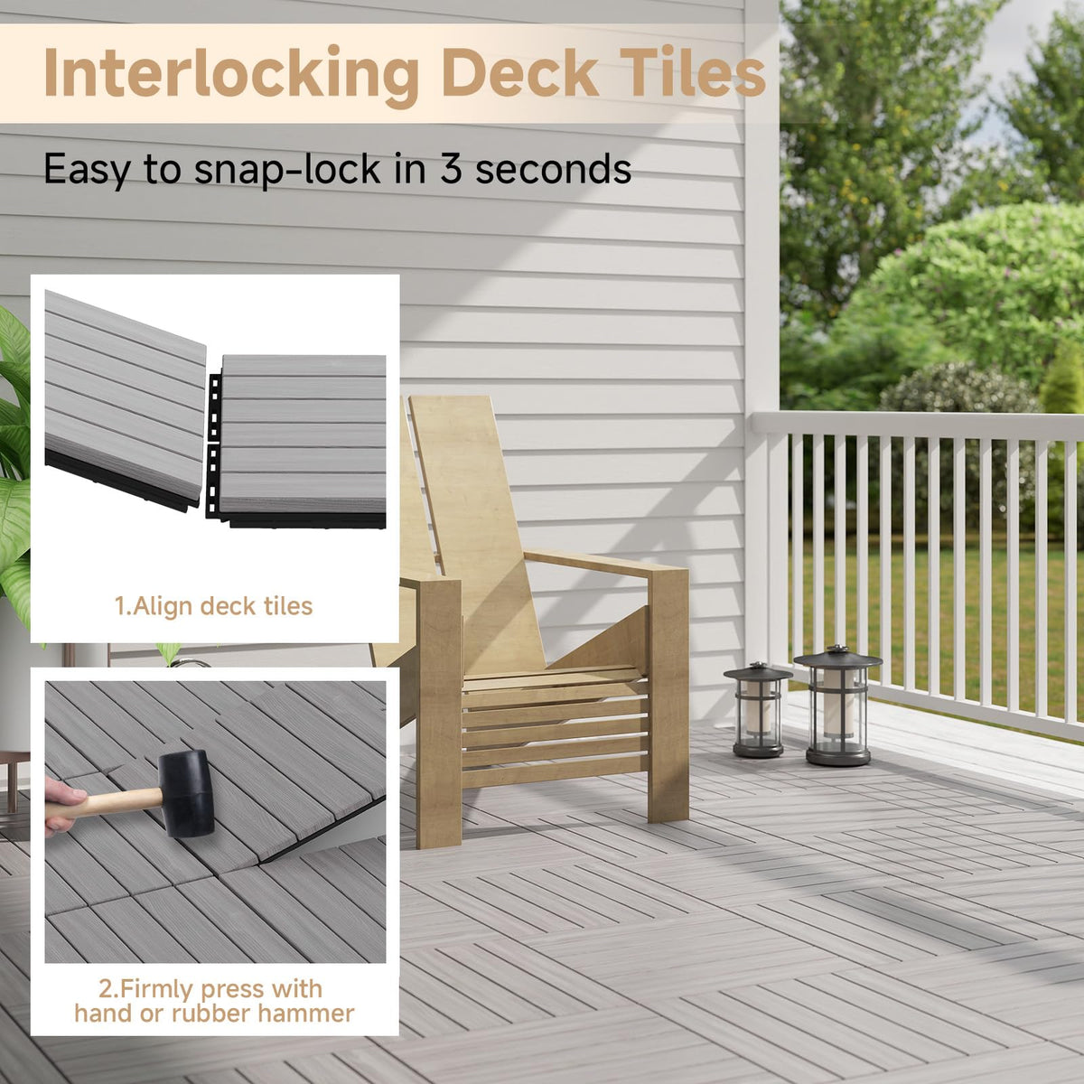 Rovibek Acacia Wood Interlocking Deck Tiles, 30PCS 12"x12" Outdoor Waterproof Decking Tiles, All Weather Use for Balcony Patio Backyard Poolside, Indoor & Outdoor, Striped Gray