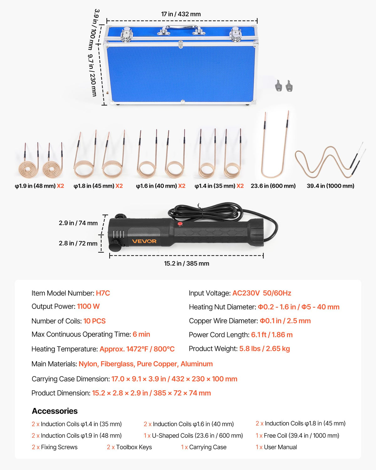 VEVOR Induction Heater Bolt Removal, 1100W 110V Magnetic Induction Heater Kit, Handheld Nut Buster Tool, Mini Heating Machine for Rusty Screw Removing, Car Garage Repairing Tools with 10 Coil and Box