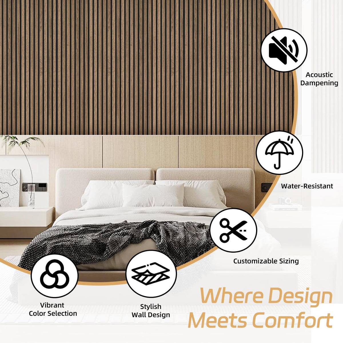 RITOLLO 4-Piece Wood Slat Panels for Wall 94.5"×11" Acoustic Panels for Interior Wall Decor 3D Fluted Sound Absorbing Panel - Natural Walnut