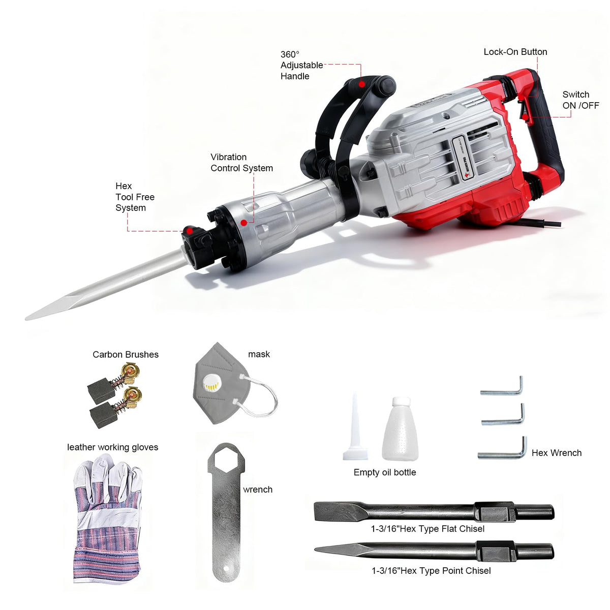 JKCHENPRO Heavy Duty Demolition Jack Hammer – Max 3500W, 1900 BPM Electric Concrete Breaker with 60J Impact Force, Includes 2 Chisels for Trenching, Breaking Holes & Construction Work