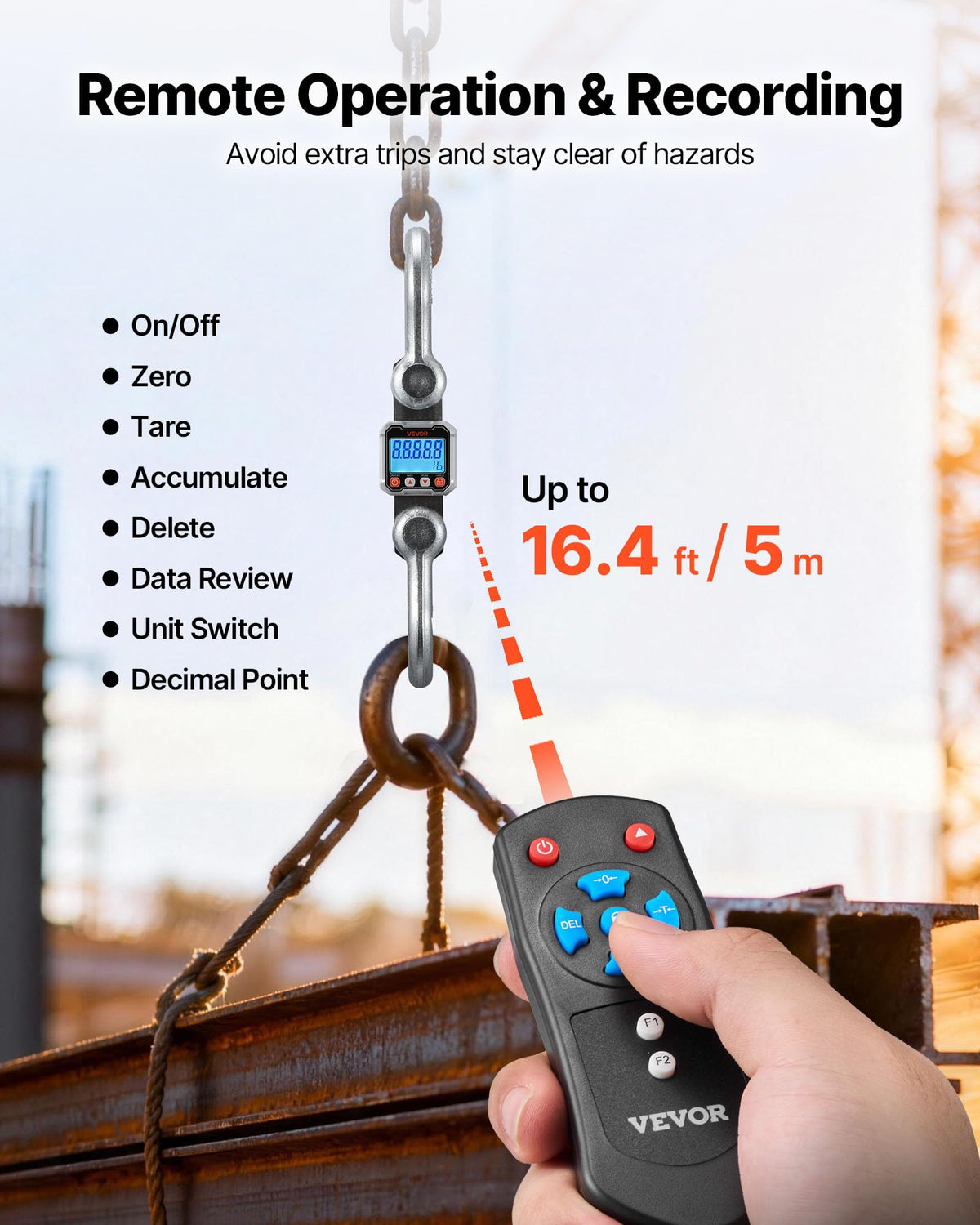 VEVOR Digital Crane Scale, 22000 lbs/10 T Max Capacity, Heavy Duty Industrial Hanging Scale with Cast Aluminum Case & LCD Display, 5 lbs Division & 3 Unit Switch, Remote Control for Garage Factory