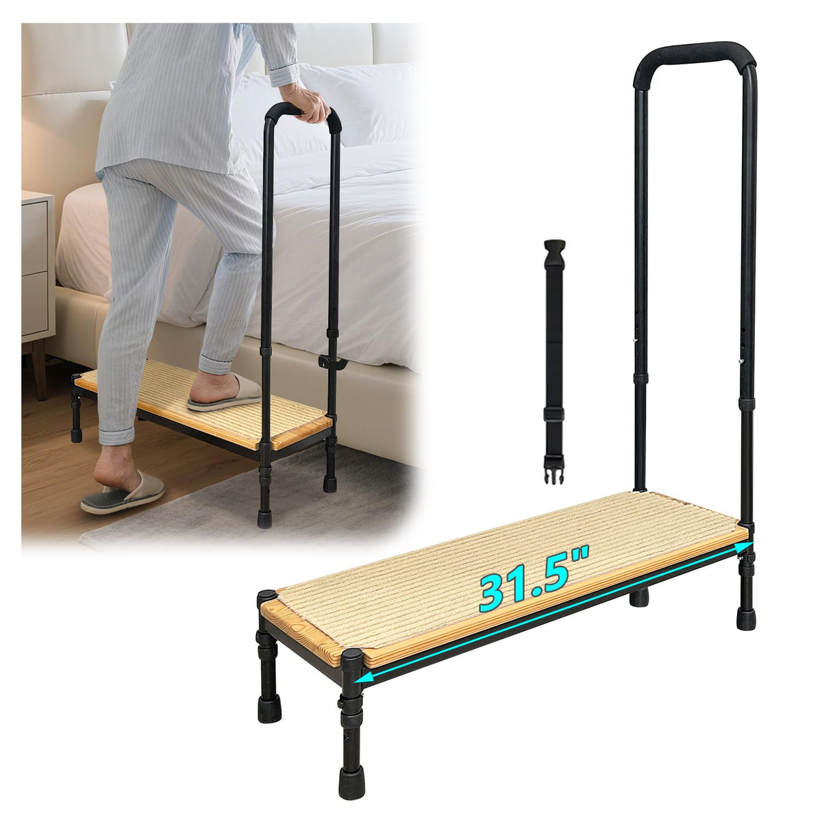 Bed Step Stool with Adjustable Handle for Elderly, Medical Step Stool for Bedside for Adults, 31.5" Long Safety Step Platform, Bed Stool for High Beds, Heavy Duty SUV Stepping Stool with Anti-Slip Mat
