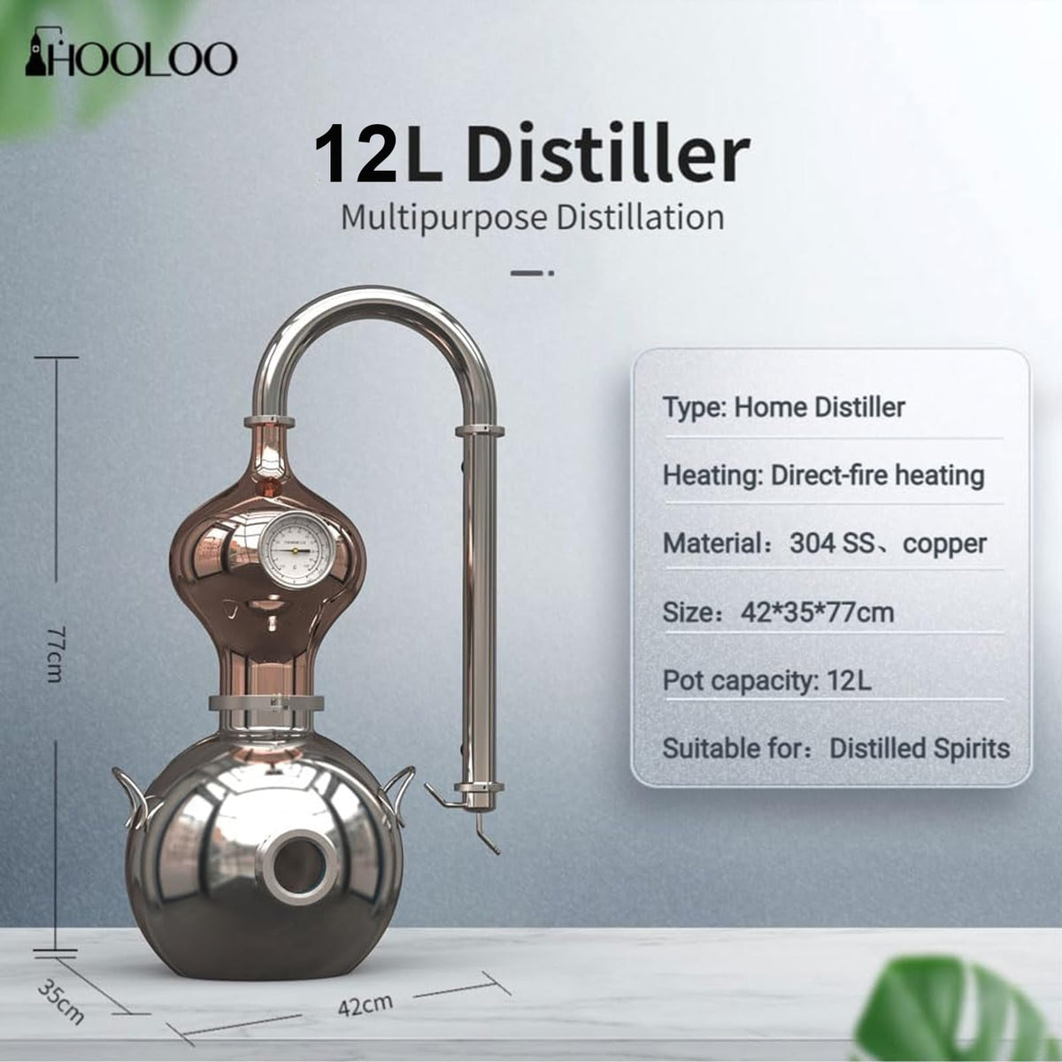 HOOLOO D15 Distiller Still for Home Use Kit 304 Stainless Steel Making Kit with Thermometer Hydrosol Essential Oil Alcohol Brandy Vodka 4Gal (D15-12Liters/3Gal -Direct fire Heating)
