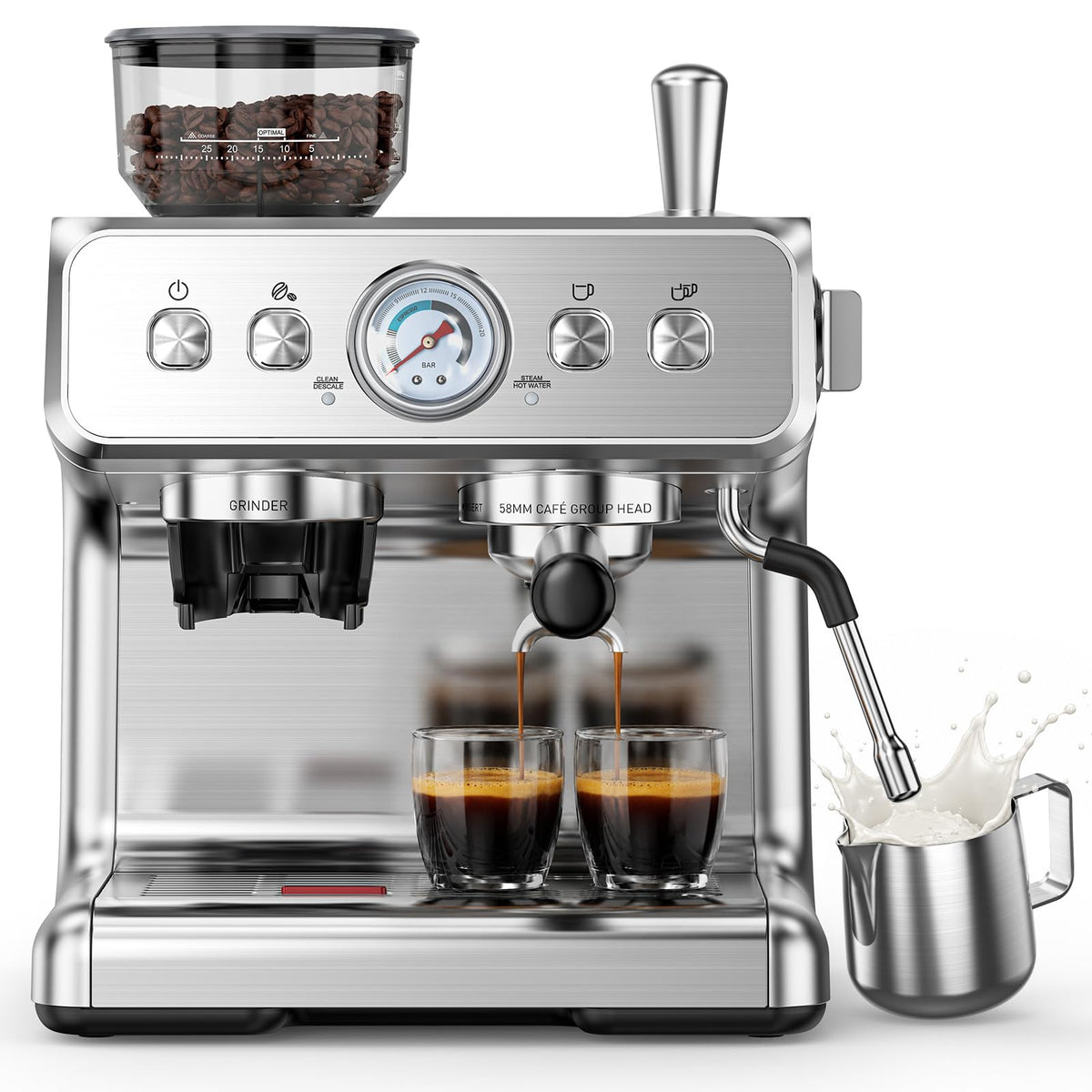 (2026 Upgrade)Electactic Espresso Machine with Grinder, 20 Bar Expresso Coffee Machines, Professional Coffee Maker for Latte & Cappuccino with Milk Frother&Steam Wand,Expresso Machines for Home-Silver