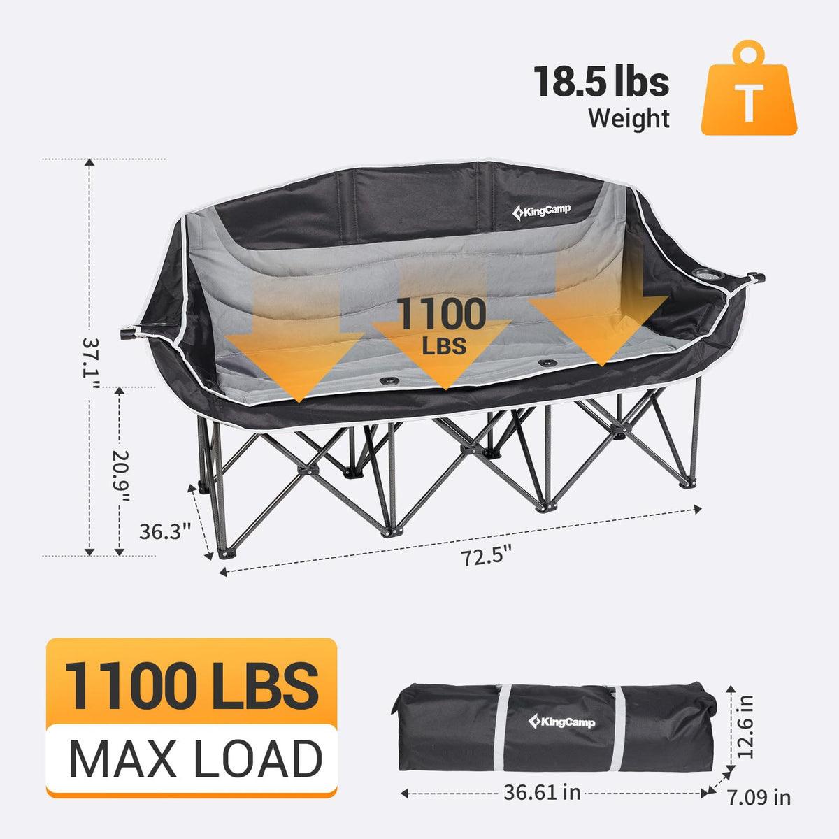 KingCamp 3 Person Camping Chair, Oversized 1100lbs Heavy Duty Loveseat for Adults Portable Folding XL 2 Person Couch Padded Comfortable Three Seat with Cup Holder for Outdoor Lawn Backyard, Black/Grey
