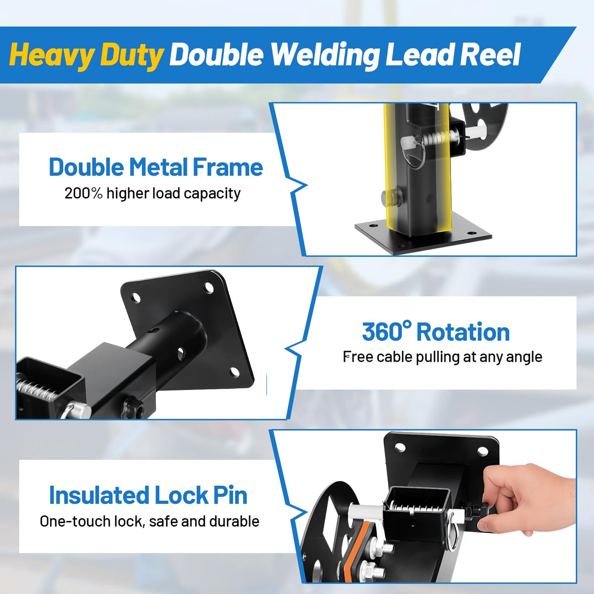 𝑼𝒑𝒈𝒓𝒂𝒅𝒆 Heavy Duty Double Welding Lead Reel, 360° Rotatable Base Cable Lead Reel, Welding Reels with Insulated Sealing Gaskets & Screws No Leaks No Shorts, Fits 150ft 1/0 or 125ft 2/0 Cable