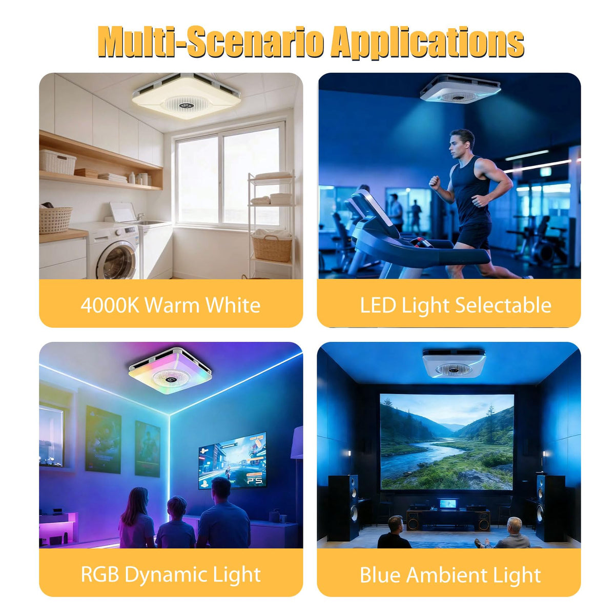 Bathroom Exhaust Fan with Bluetooth Speaker,Bathroom Fan Light,Plug&Play,230 CFM 1.0 Sone,Strong Wind Force&Quiet,Noise-cancelling Bluetooth dual speakers,7color dynamic&3color lighting,3year warranty