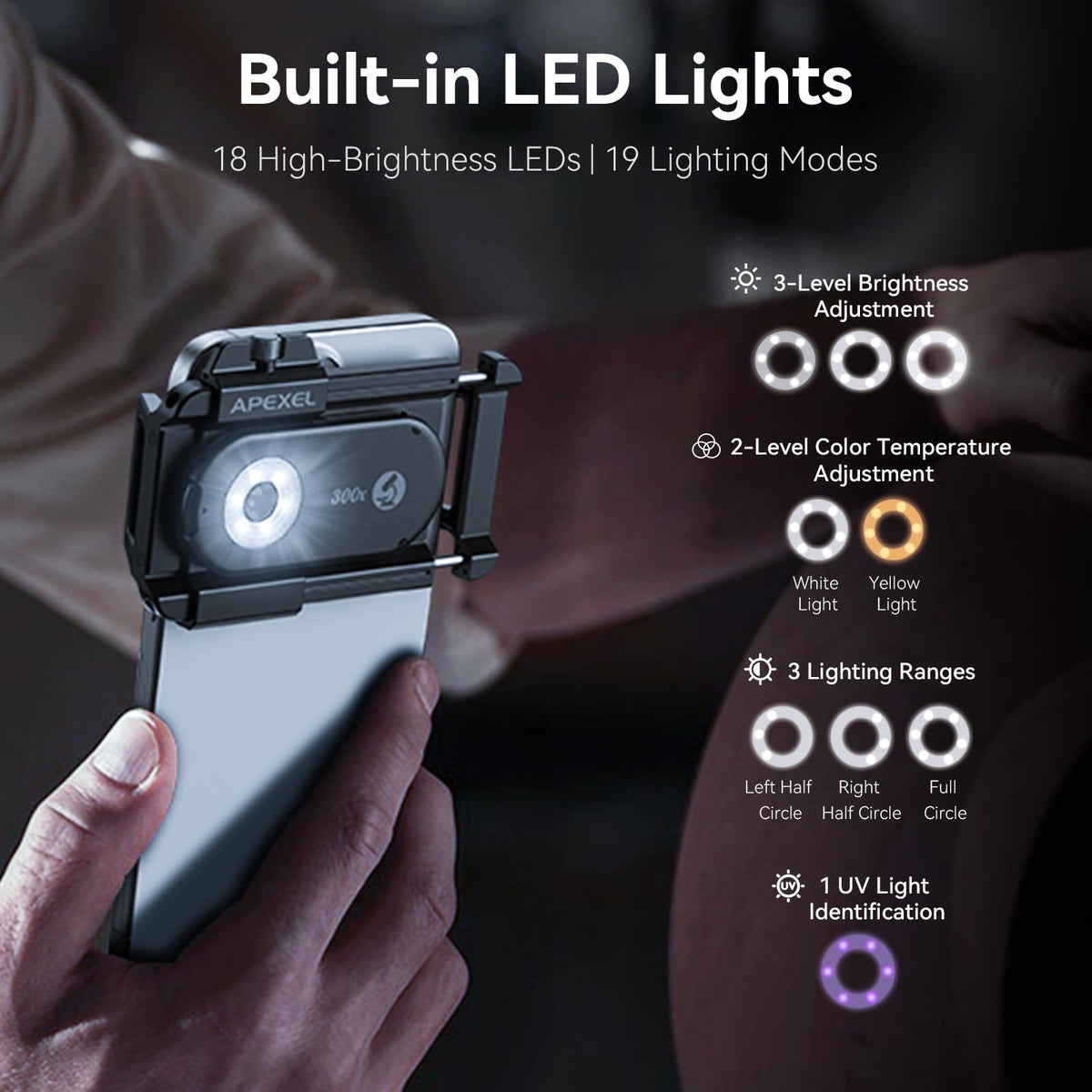 APEXEL 300X Phone Microscope Lens, Phone Camera Micro Lens with Universal Clip/LED Light/CPL, Mini Pocket Microscope, Phone Lens Attachment Fit for iPhone 17/16/15/14/13, Samsung, and Most Smartphone